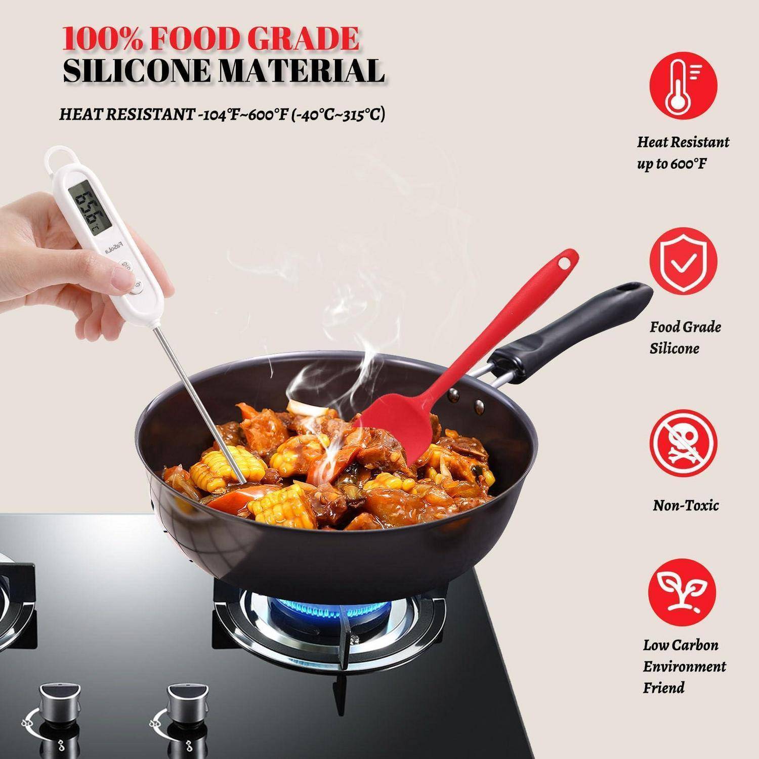 Werbebild eines Silikon-Kochutensilien-Sets mit Wok und Lebensmittelthermometer, das '100% lebensmittelgerechtes Silikon-Material' und Hitzebeständigkeit bis 600°F hervorhebt.