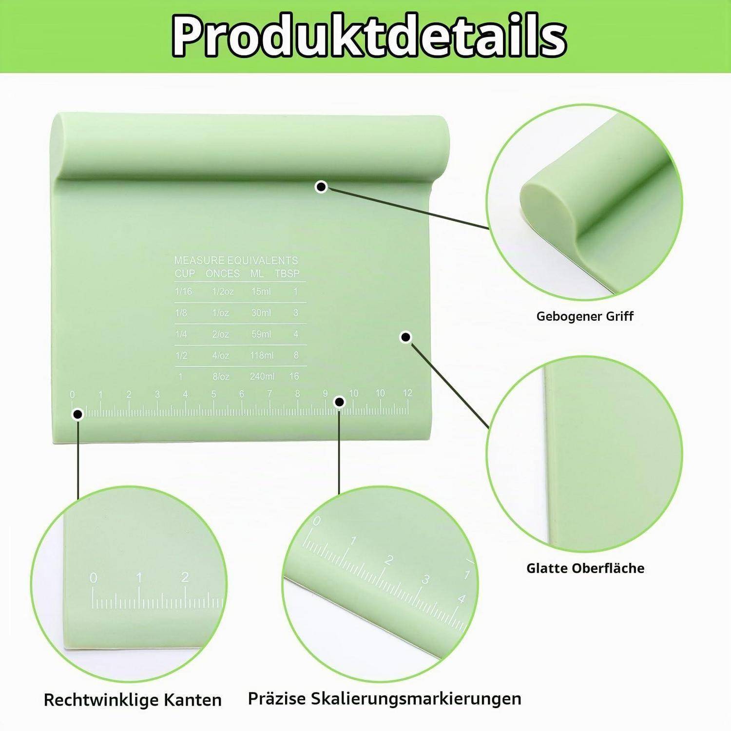 Diagramm einer hellgrünen Yogamatte mit Produktdetails: gebogener Griff, glatte Oberfläche, rechtwinklige Kanten und präzise Messskalen.