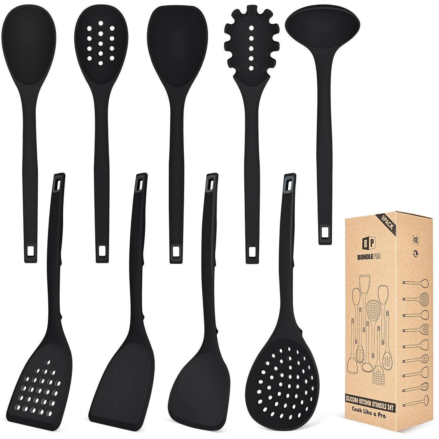 Schwarzes Silikon-Küchenutensilien-Set mit sechs Spachteln und Löffeln, plus eine Pappschachtel mit der Aufschrift „BUNDLE