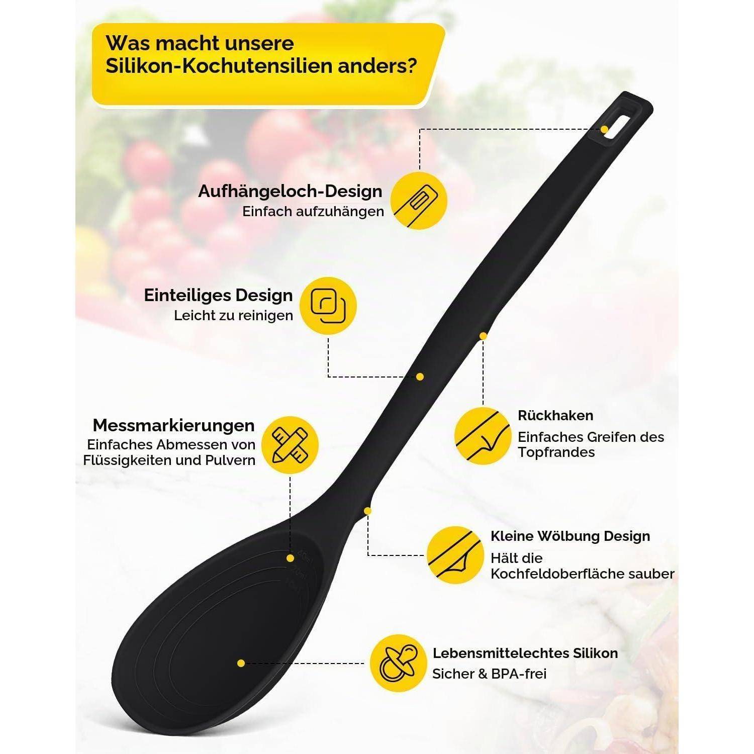 9-teiliges Silikon Kochgeräte Set Schwarz BPA-frei Hitzebeständig