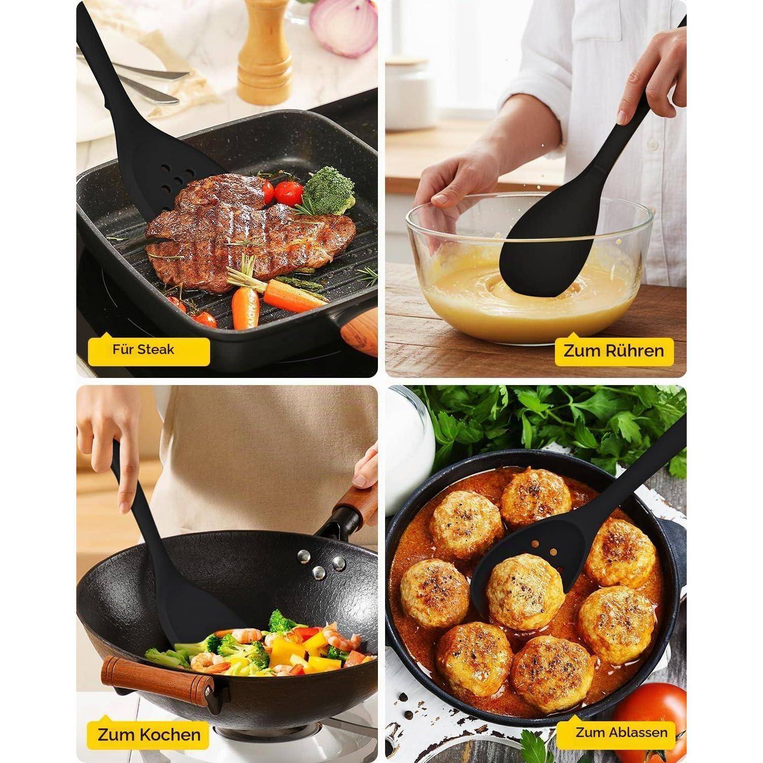 Vierteiliges Produktbild, das einen schwarzen Silikonspatel zeigt, der zum Braten von Steaks, zum Umrühren von Teig, zum Kochen von Gemüse und zum Ablassen von Öl aus in der Pfanne gebratenen Pattys verwendet wird.