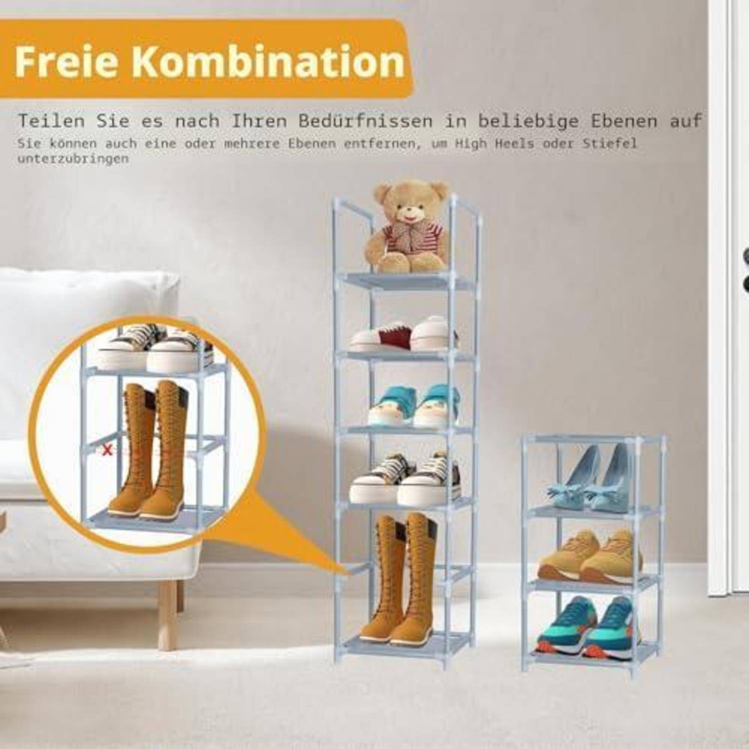 Deutsches Angebot zeigt modular stapelbare Lagerschränke für Schuhe und kleine Gegenstände, mit einer hohen und einer kurzen Einheit in einem Zimmer, gekennzeichnet mit "Freie Kombination"".
