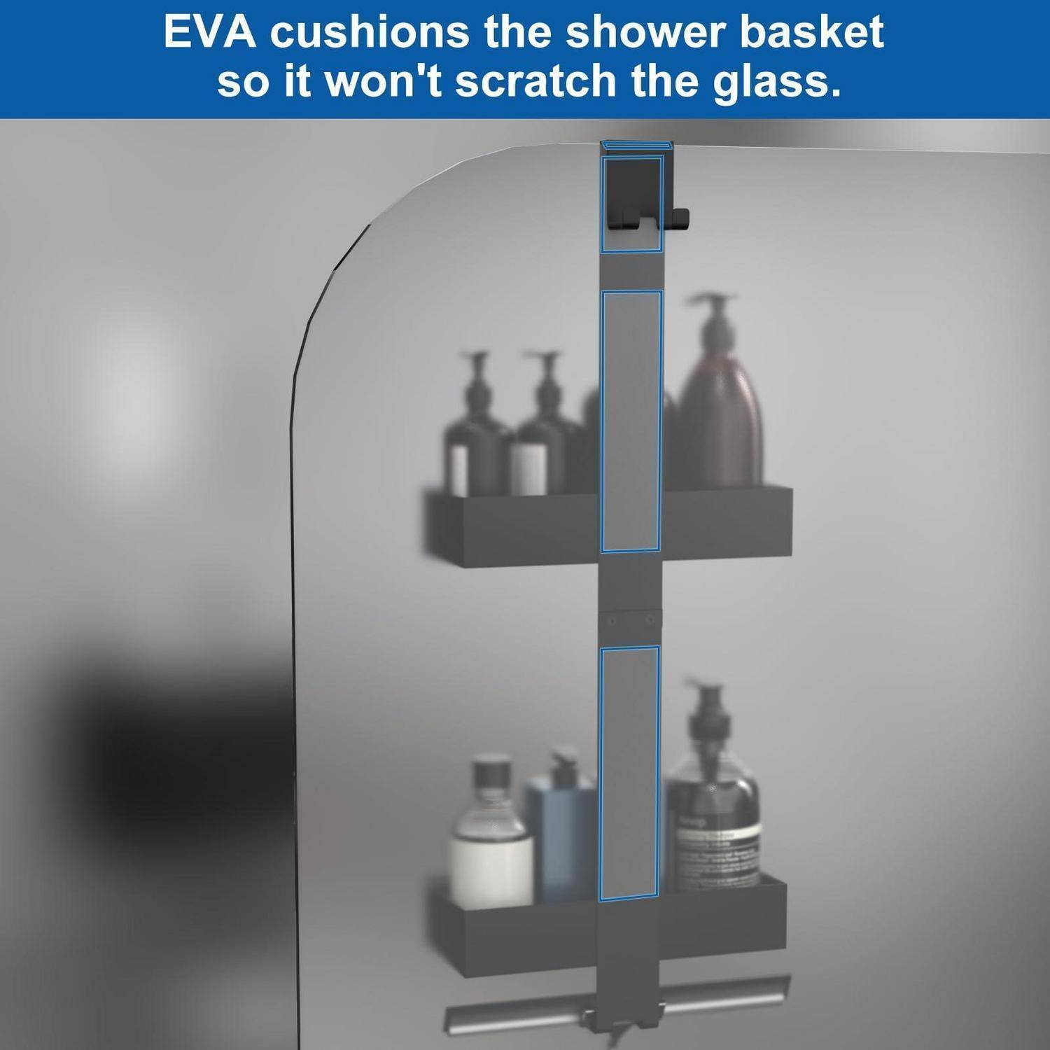 Duschablage mit blauen EVA-Pads, die das Glas vor Kratzern schützen, mit zwei Regalen zur Aufbewahrung von Flaschen.