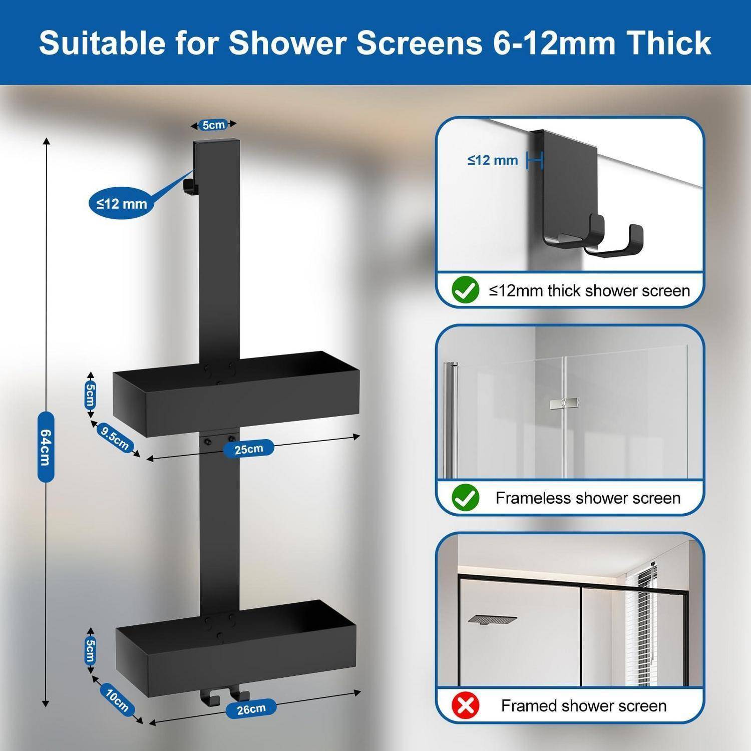 Diagramm zeigt eine Duschabtrennung Halterung für 6-12 mm dickes Glas, mit Abmessungen und Beispielen: geeignet für rahmenlose Trennwände, nicht für Trennwände mit Rahmen.