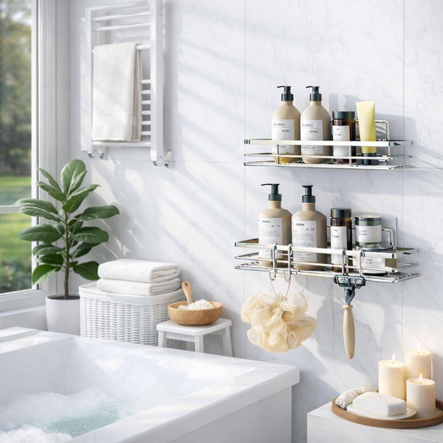 Helles modernes Badezimmer mit freistehender Badewanne, Wandregalen mit Toilettenartikeln, Handtüchern, Pflanze, Kerzen und Badezubehör in der Nähe eines Fensters.