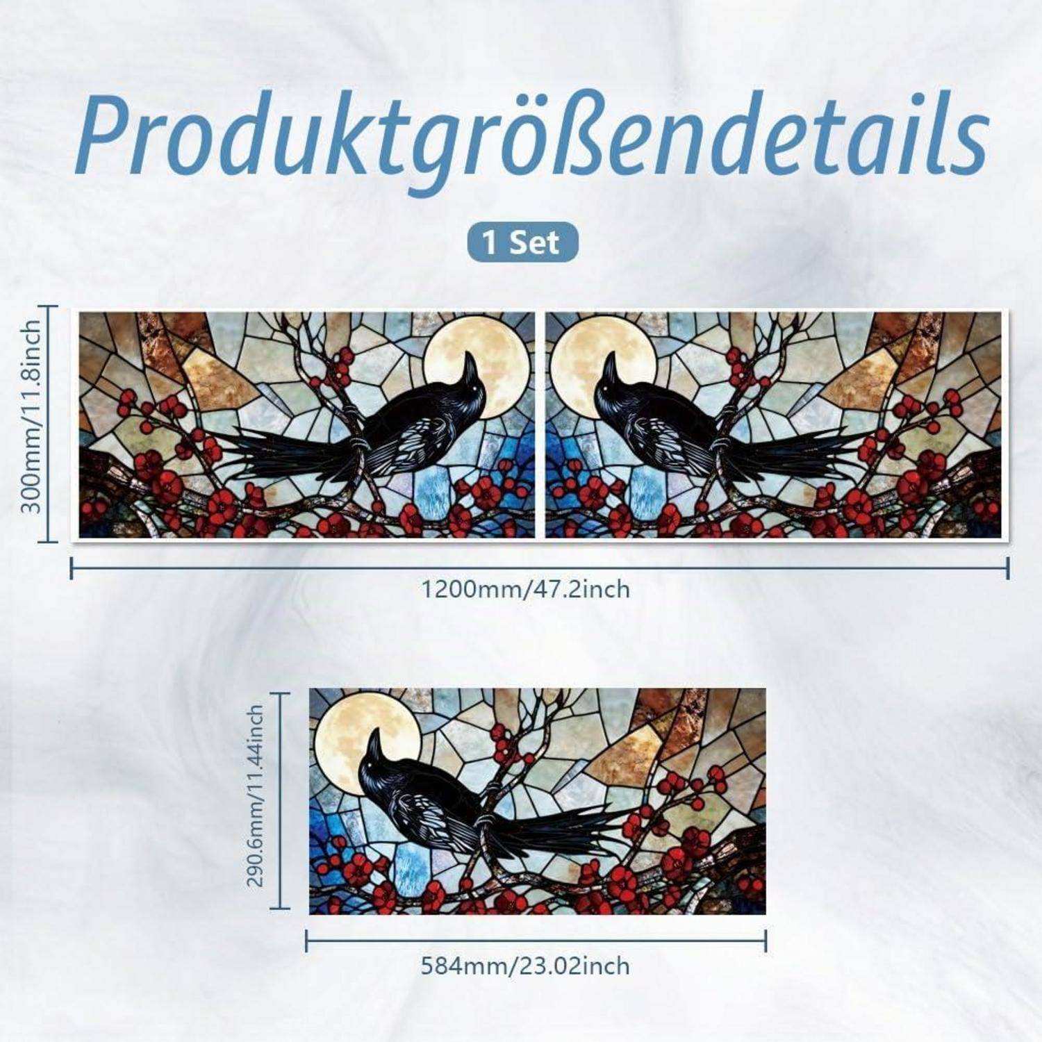 Produktgrößendetails für 1 Set Glasmalerei-Vogelwandkunst: zwei Paneele 1200 mm breit x 300 mm hoch, plus ein Paneel 584 mm breit x 296 mm hoch.