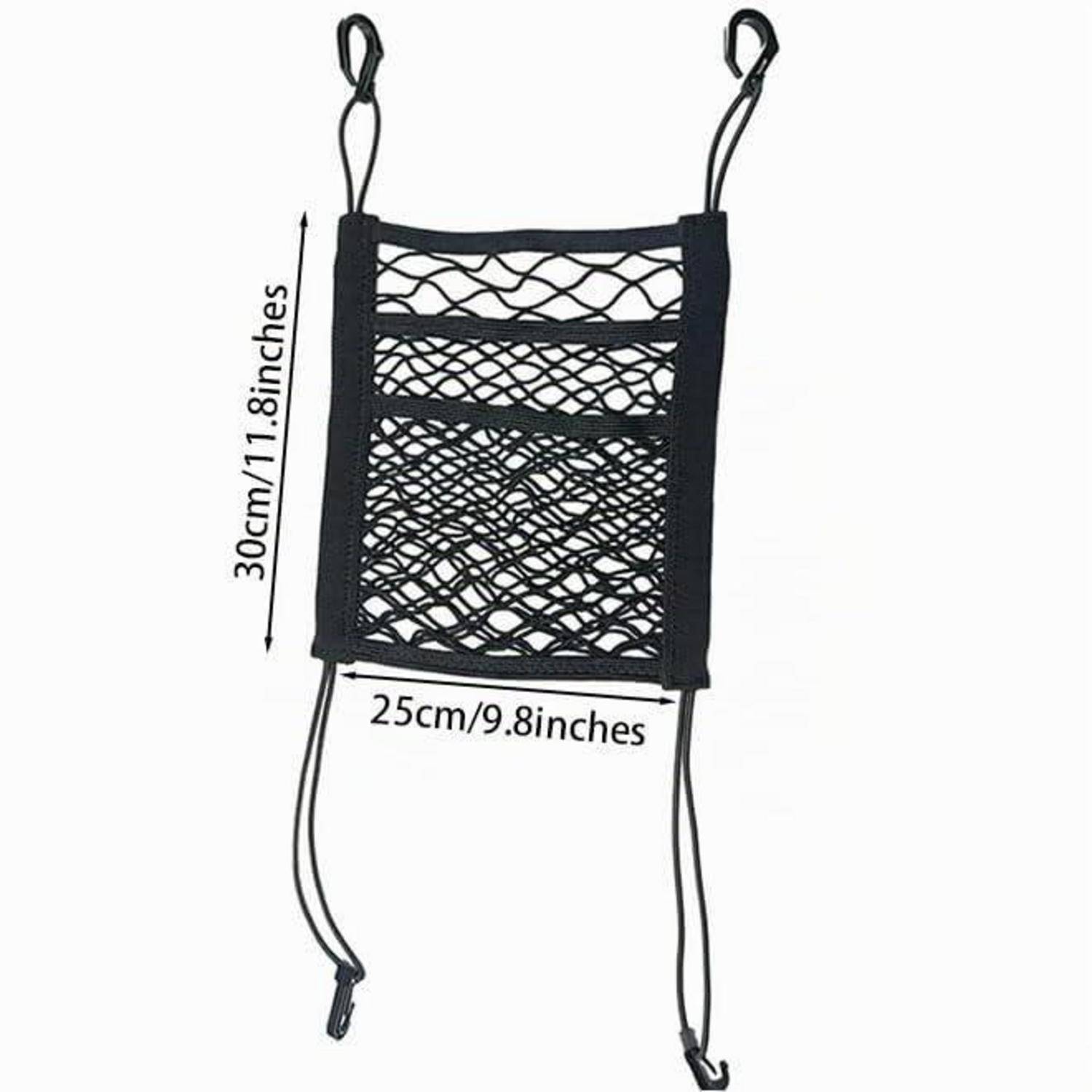 Schwarzer hängender Netz-Aufbewahrungsbeutel mit Haken, gekennzeichnet mit 30 cm Höhe und 25 cm Breite.