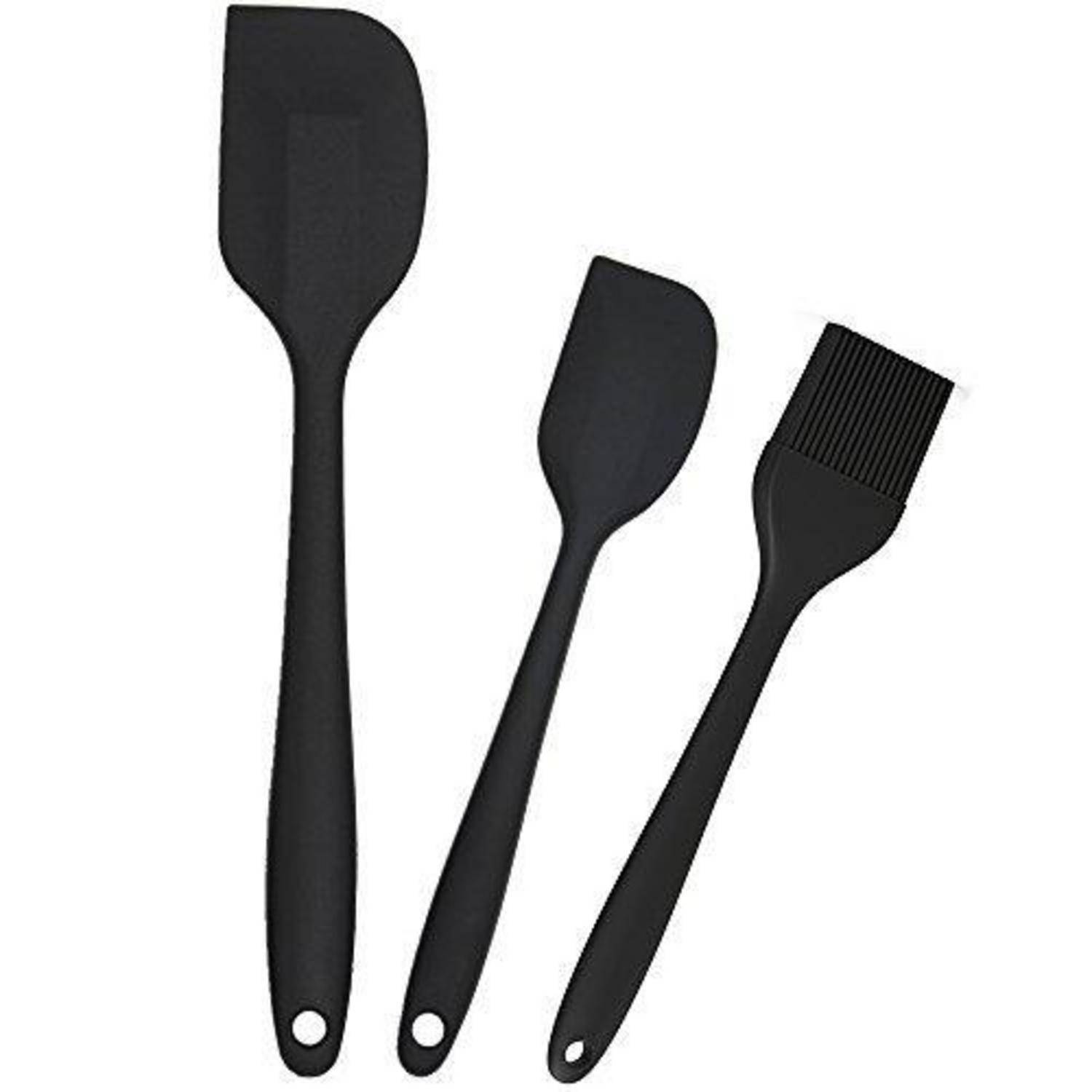 Drei schwarze Silikon-Küchenschaber/Bürsten mit Schleifengriff auf weißem Hintergrund.