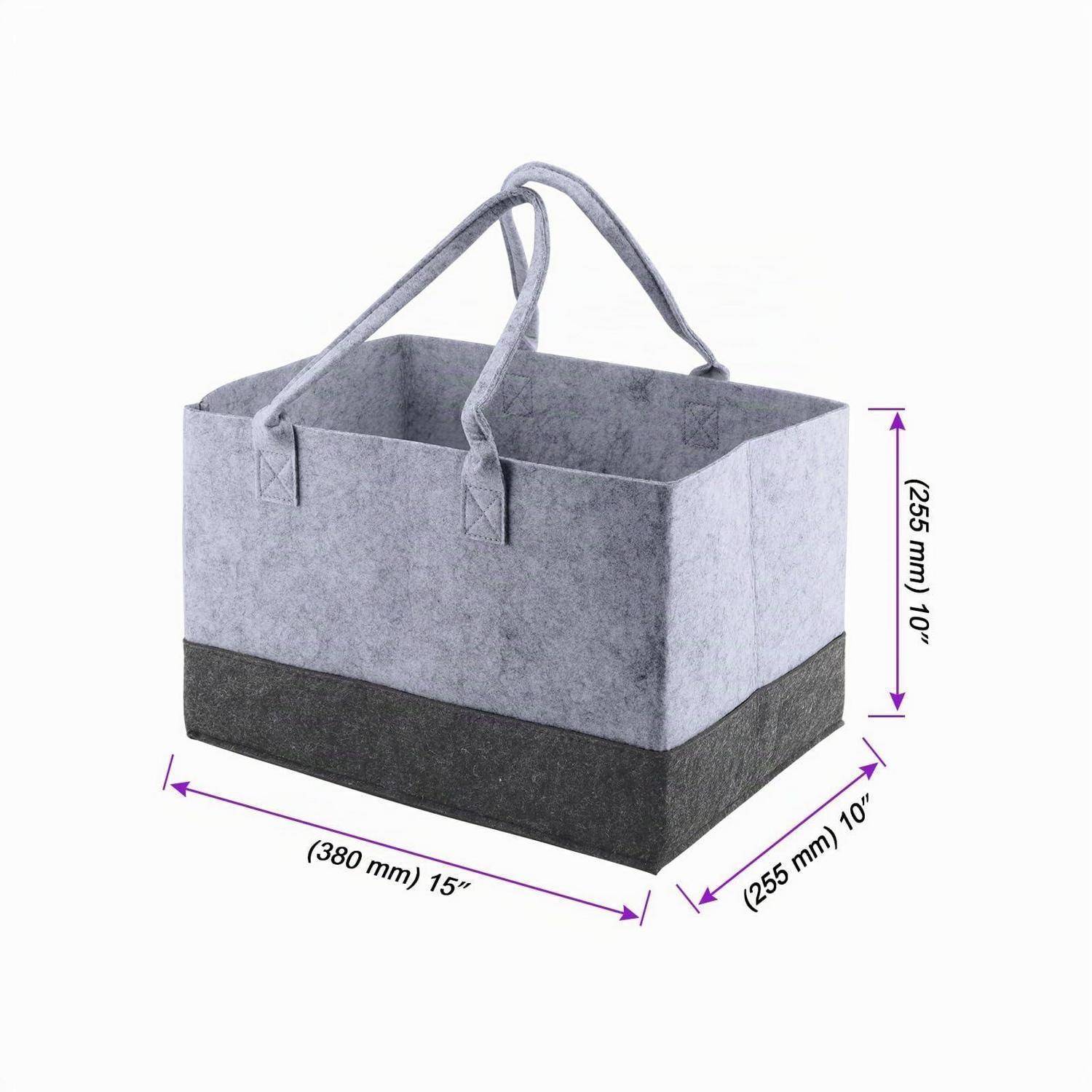Graue Filztasche mit Griffen, gezeigt mit den Abmessungen: 15 x 10 x 10 Zoll oder 380 x 255 x 255 mm.