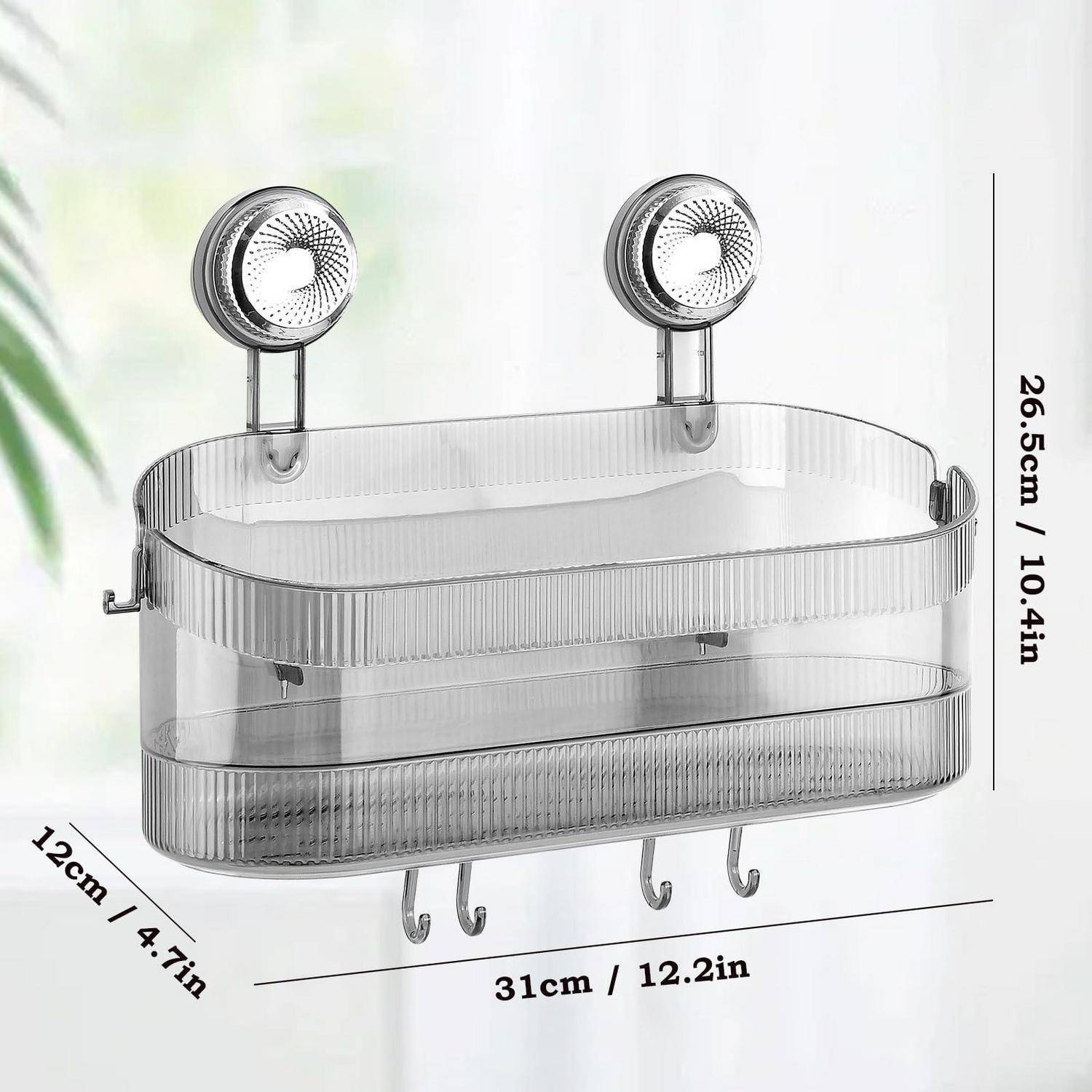 Transparenter Duschkorb mit Saugnäpfen zur Wandmontage mit Haken; ovales Aufbewahrungskörbchen mit Beschriftung 31 cm breit, 26,5 cm hoch, 12 cm tief.
