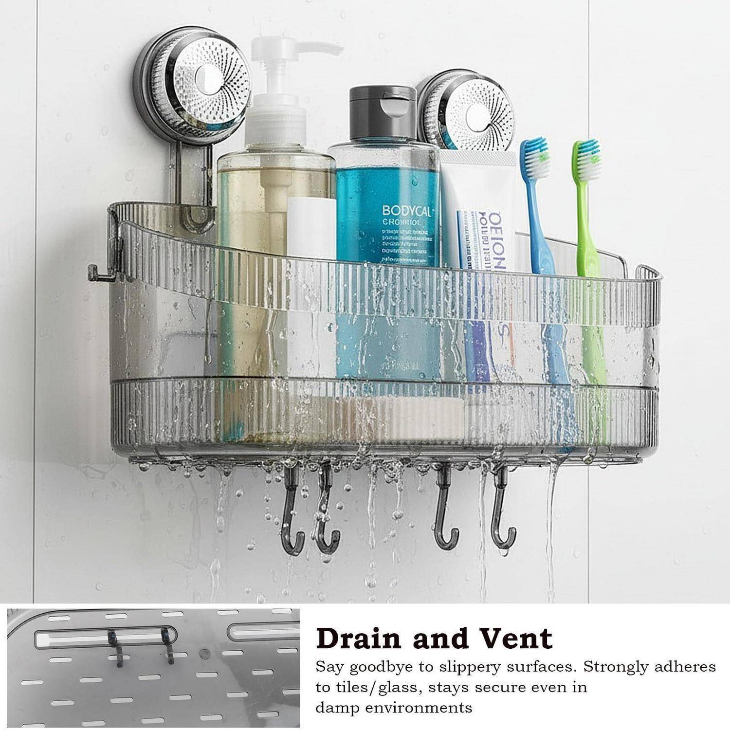 Hängendes Dusch-Organizer mit Toilettenartikeln, Zahnbürsten und Rasierer an einer Wand, über einer Beschriftung mit der Aufschrift „Entwässerung und Belüftung" mit Produktmerkmalen für feuchte Umgebungen.
