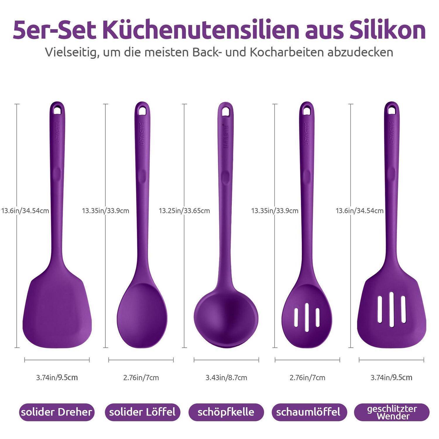 Infografik eines 5-teiligen violetten Silikon-Küchenutensil-Sets mit beschrifteten Werkzeugen und Abmessungen: massiver Wender, Löffel, Schöpflöffel, Schaumlöffel und Schaumelwender.