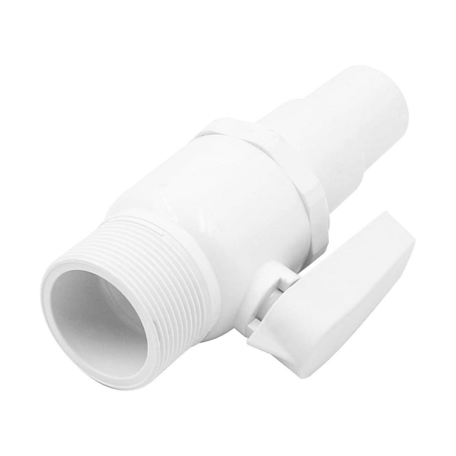 Weißer Kunststoffventilstecker mit Gewinde und seitlichem Hebel auf neutralem Hintergrund.