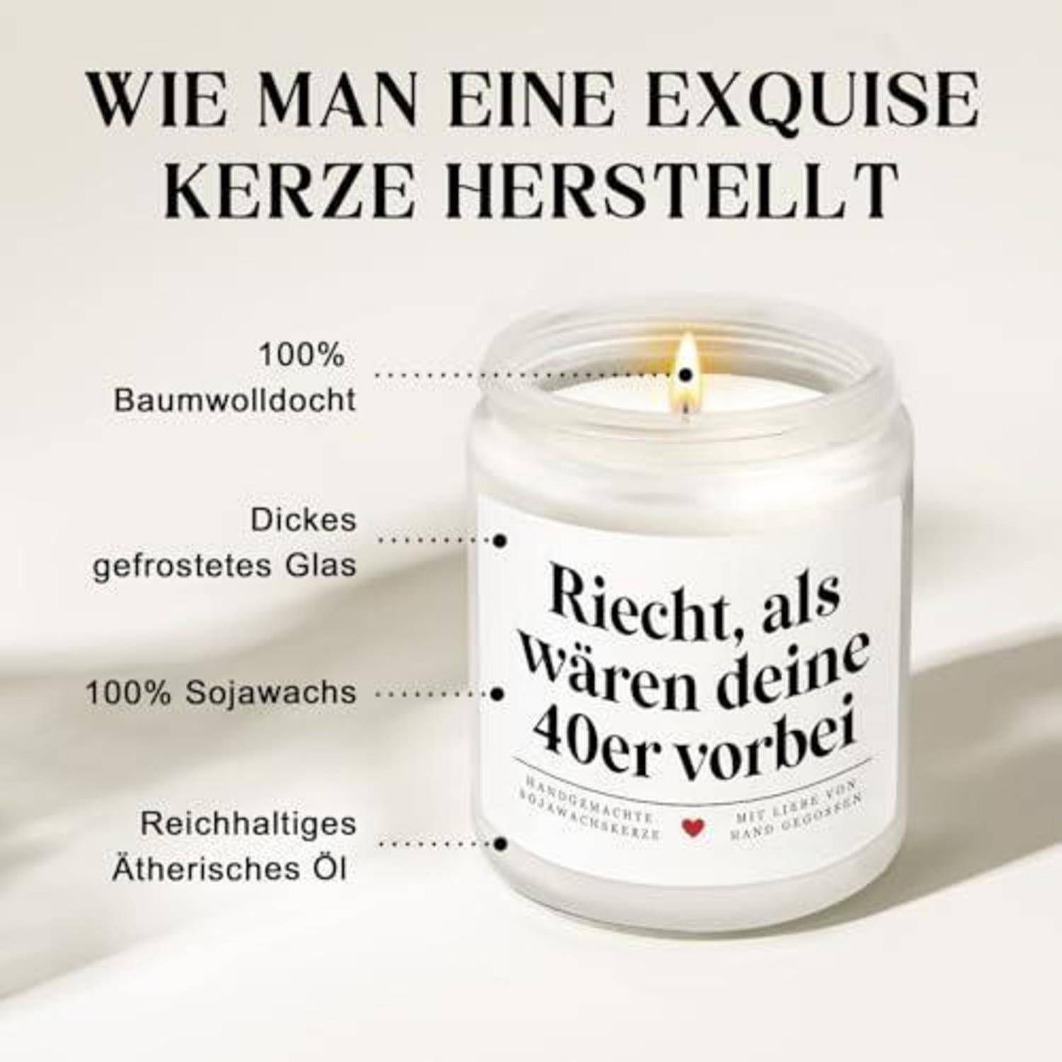 Illustrierte Kerzenglasanzeige mit dem Titel „Wie man eine exquisite Kerze herstellt" zeigt eine brennende Soja-Kerze in Mattglas mit Baumwollkerzendocht, ätherischen Ölen und einem Etikett „Riecht, als wären deine 40er vorbei"".