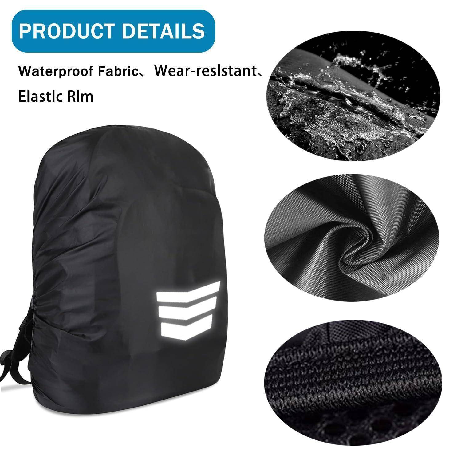 Produktdetails für eine schwarze Rucksackabdeckung: wasserdichtes Material, verschleißfest, elastischer Rand, gezeigt mit Nahaufnahmen der Materialtextur.