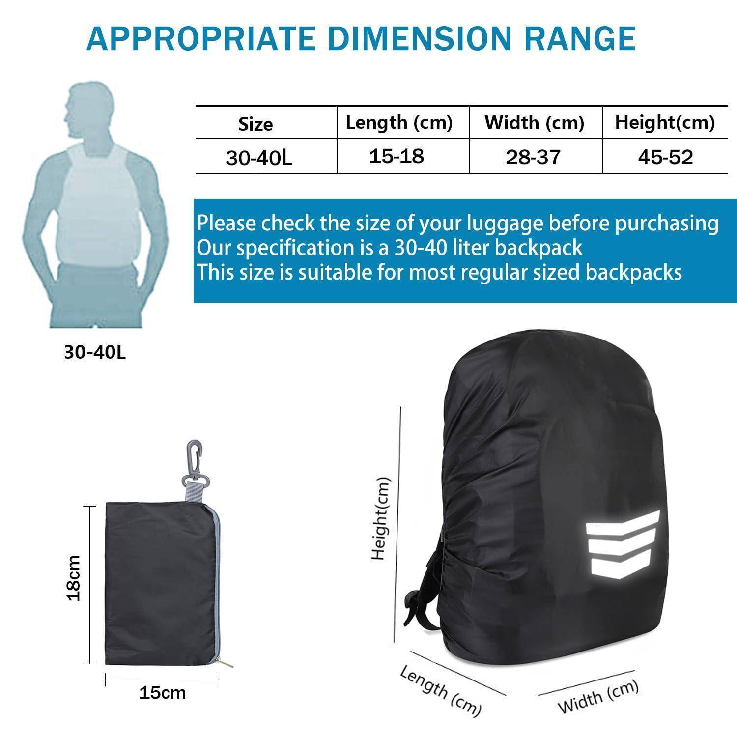 Rucksackgrößenführer zeigt eine 30-40-L-Tasche mit den Abmessungen 15-18 cm Länge, 28-37 cm Breite und 45-52 cm Höhe.