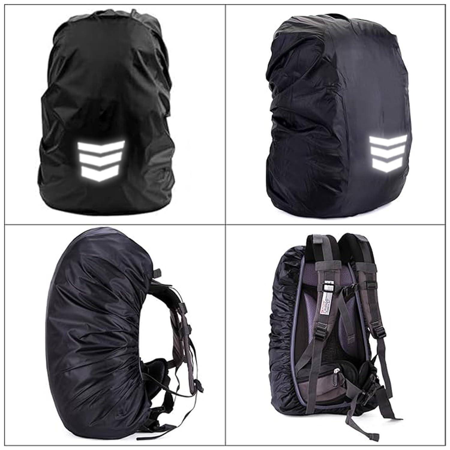Vier Ansichten einer schwarzen reflektierenden Regenhülle für Rucksäcke, die Vorder-, Seiten- und Rückenseiten mit Verschlussriemen zum Befestigen über einem Rucksack zeigen.