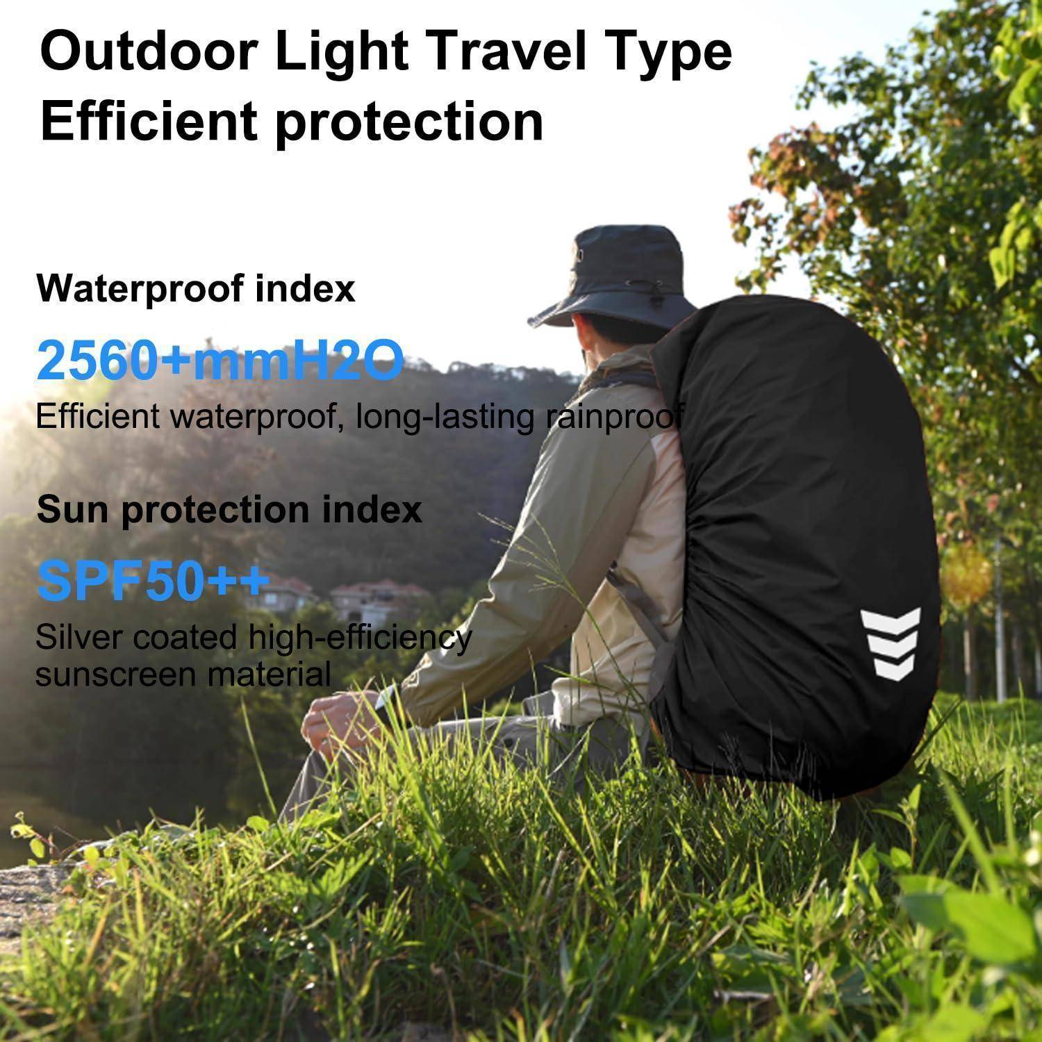 Outdoor-Reiserucksack-Anzeige mit einem Wanderer mit schwarzem Rucksack; Der Text hebt den Wasserdichtindex 2560+ mmH2O und den Sonnenschutz SPF50++ hervor