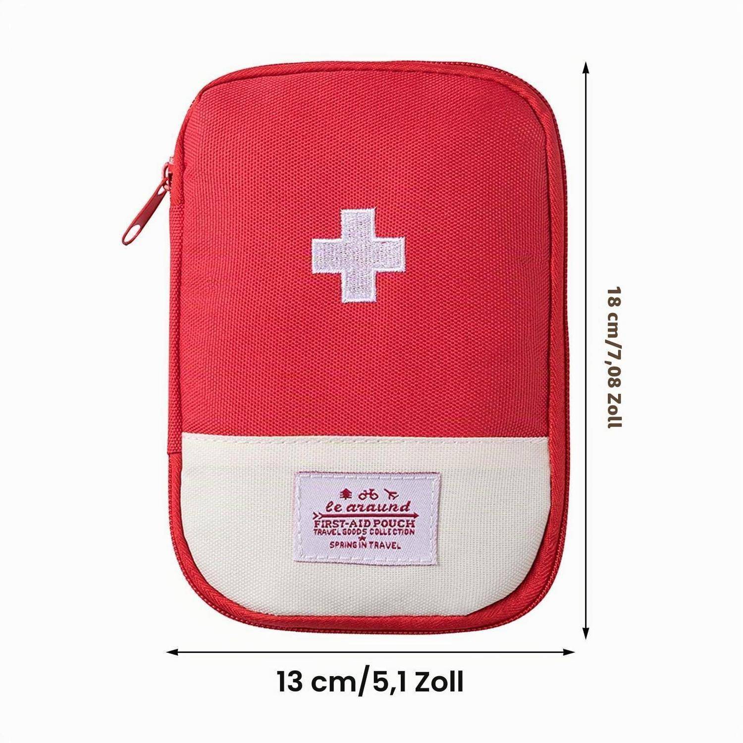 Rote Erste-Hilfe-Tasche mit weißem Kreuz, dargestellt mit Größenangaben 18 cm hoch und 13 cm breit.