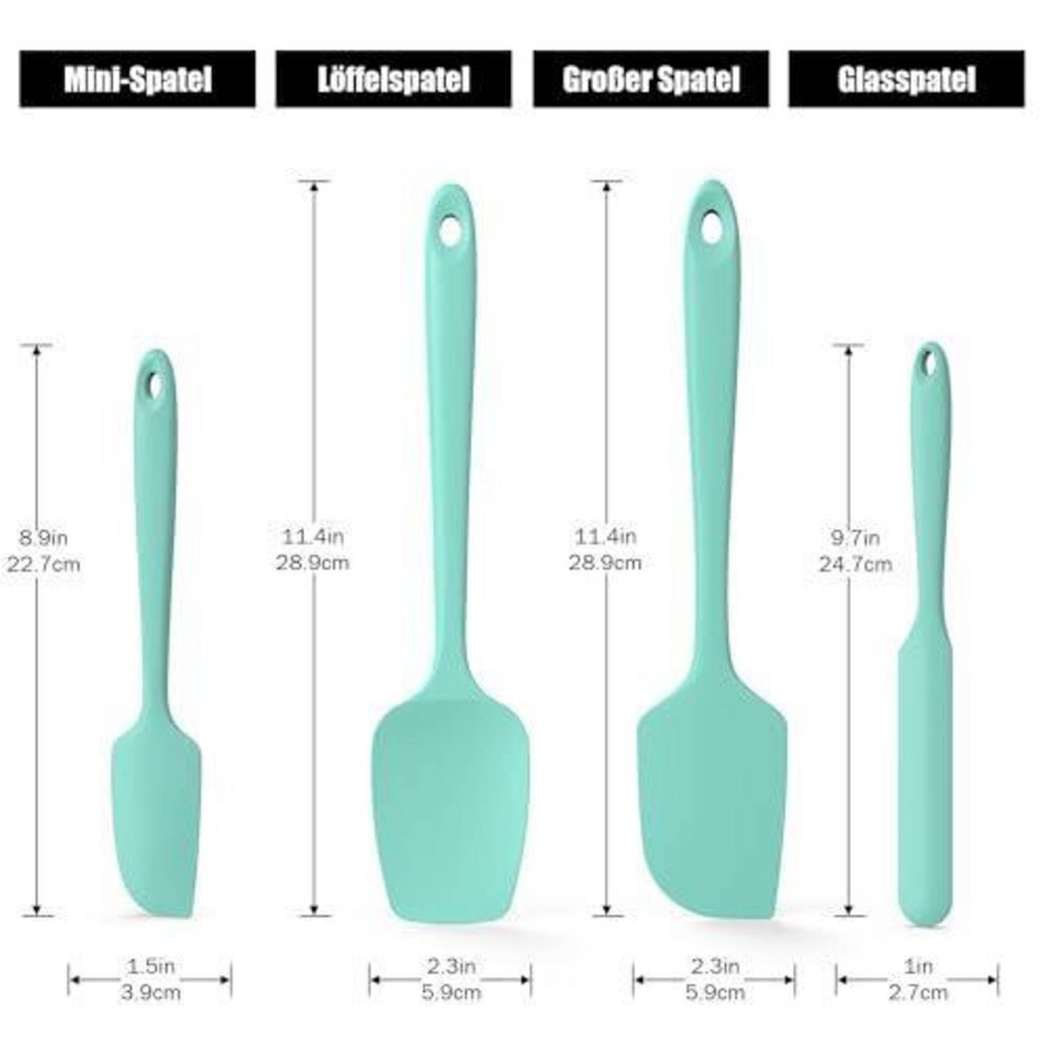 Vergleichstabelle von vier mintgrünen Silikon-Spachtel mit den Bezeichnungen Mini-Spatel, Löffelspatel, Großer Spatel und Glasspatel, die ihre Höhen und Breiten in Zoll und Zentimetern zeigen.