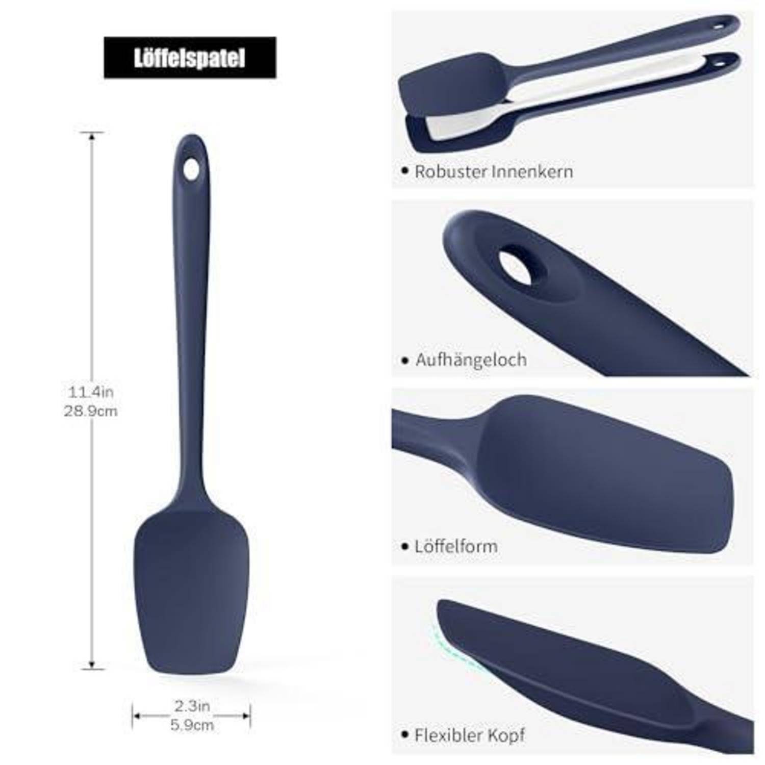 Produktdiagramm eines blauen Silikonspachtels mit der Bezeichnung „Löffelspatel