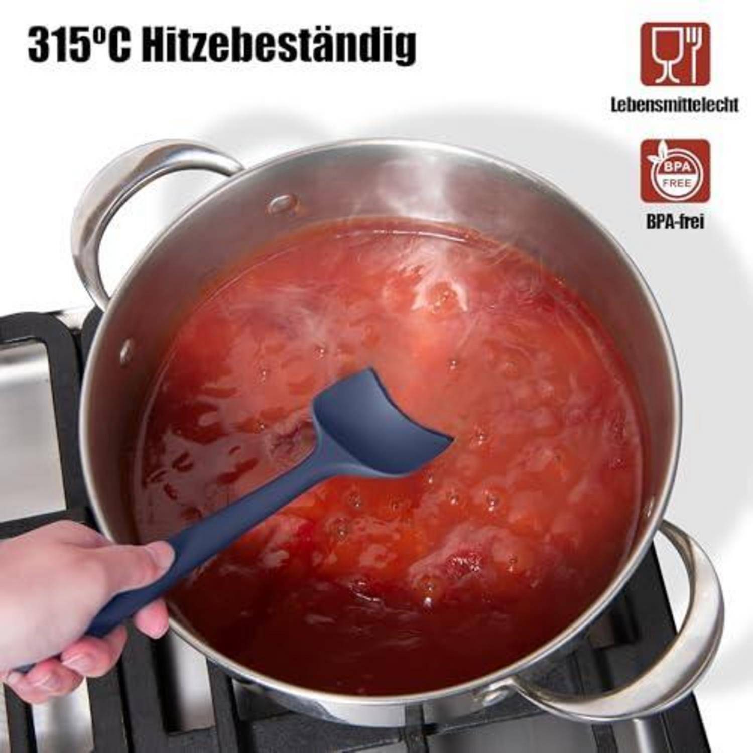 Topf mit roter Sauce in einer Edelstahlpfanne umrühren; Text sagt „315°C Hitzebeständig
