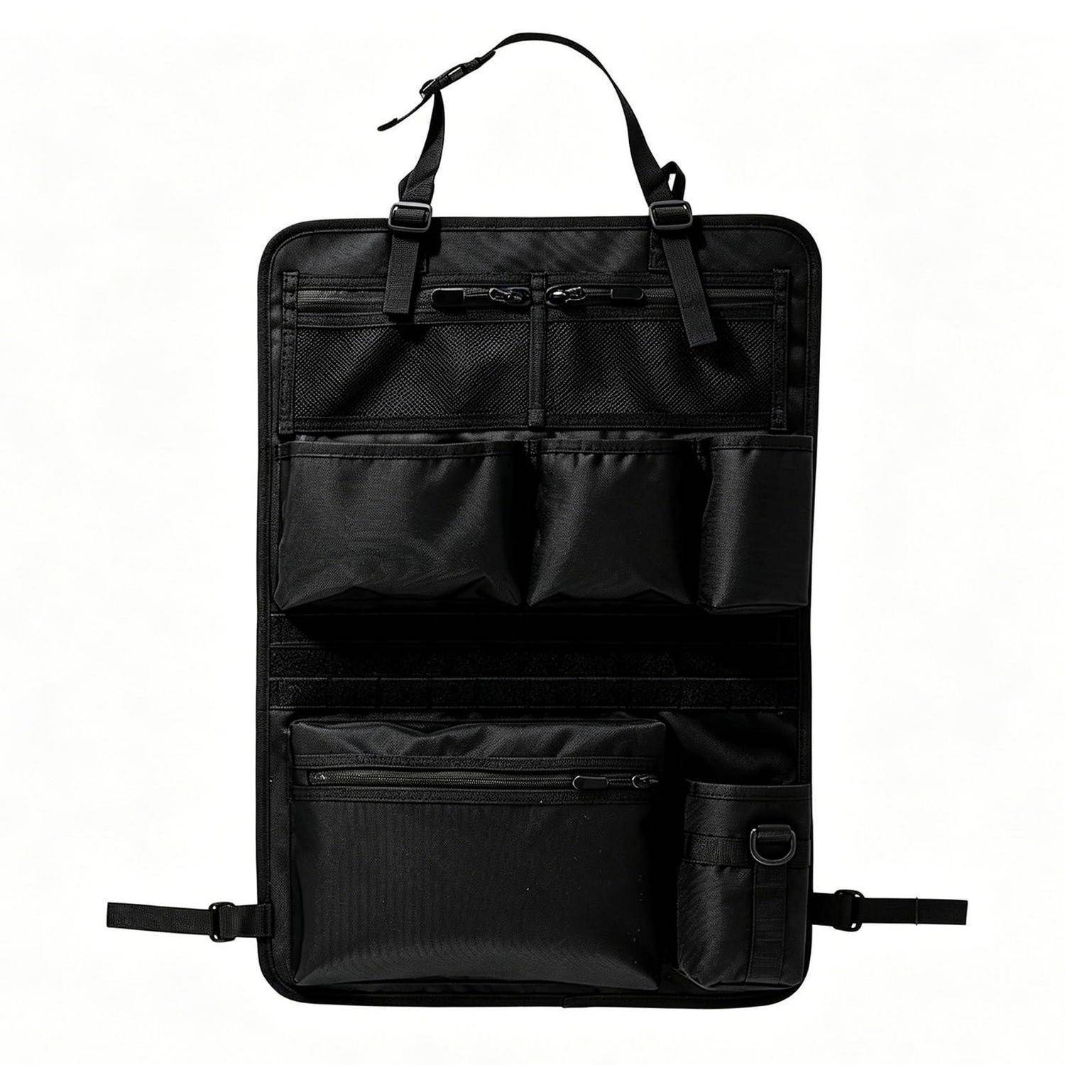 Schwarze hängende Organizer-Tasche mit mehreren Reißverschlusstaschen und Riemen zum Verstauen von Zubehör oder Dokumenten.