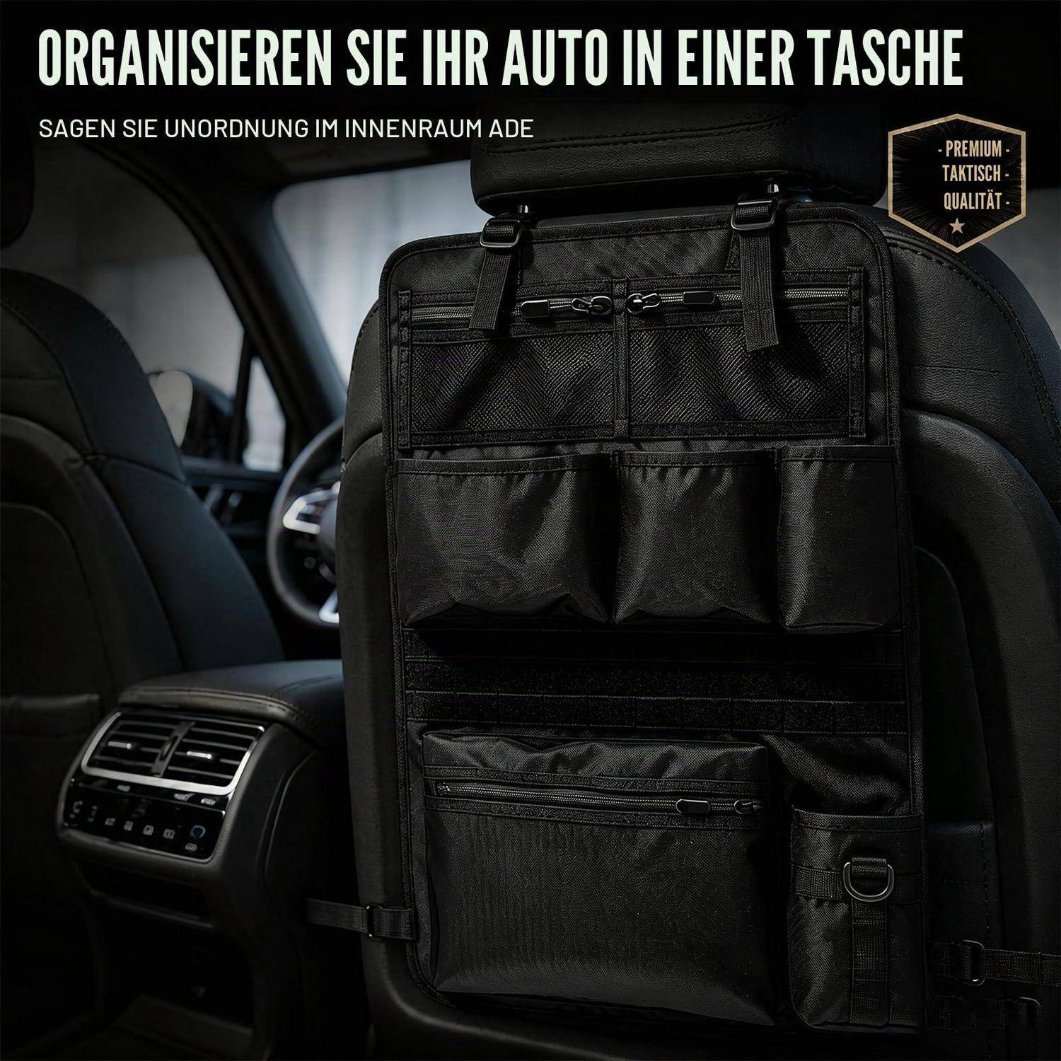 Schwarze Auto-Sitztasche-Organizer, die an einem Vordersitz befestigt ist, mit Taschen und deutschem Text, der 