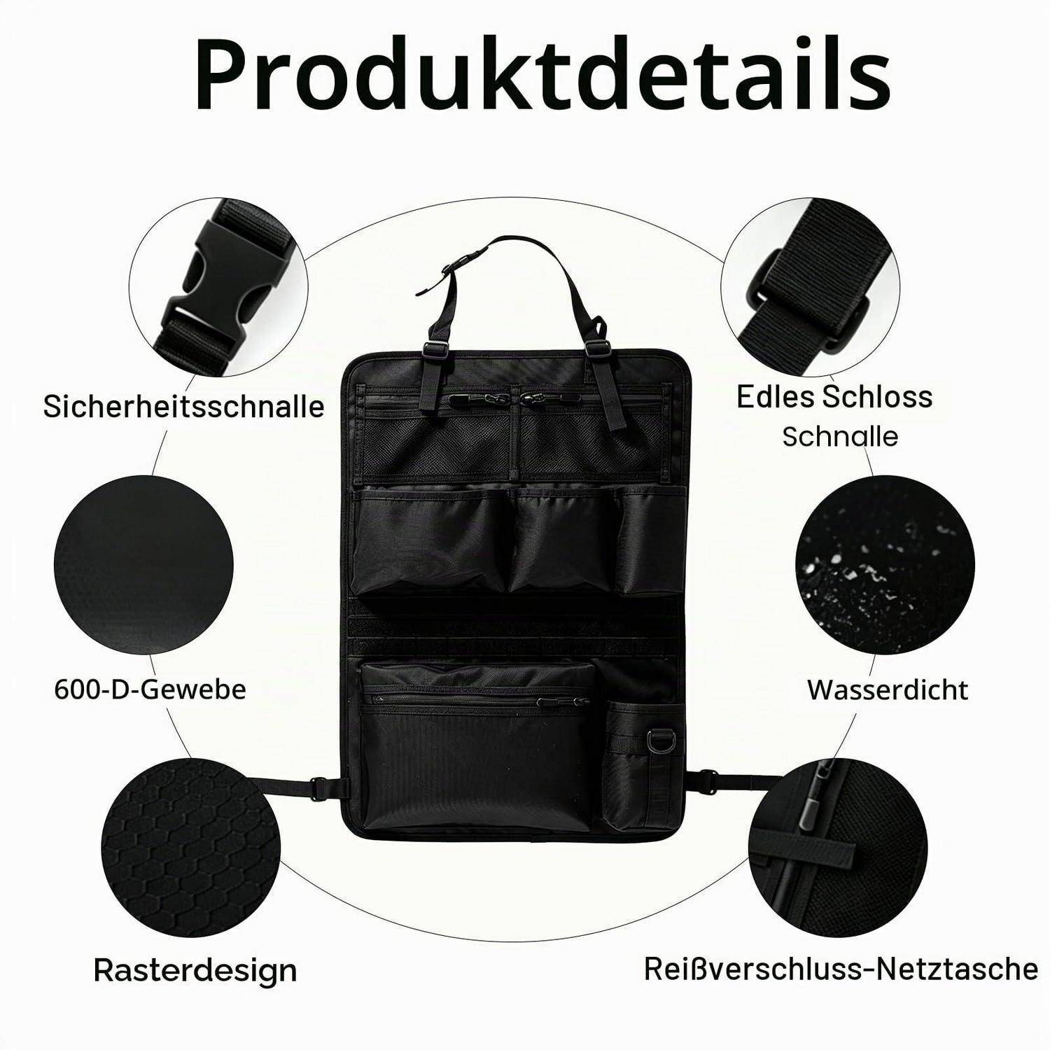 Produktdetail-Grafik mit einer schwarzen Hänge-Organizer-Tasche mit beschrifteten Nahaufnahmen von Sicherheitsschnalle, Premium-Schnalle, 600D-Stoff, wasserfestem Material, Rastermuster und Reißverschluss-Netztasche.