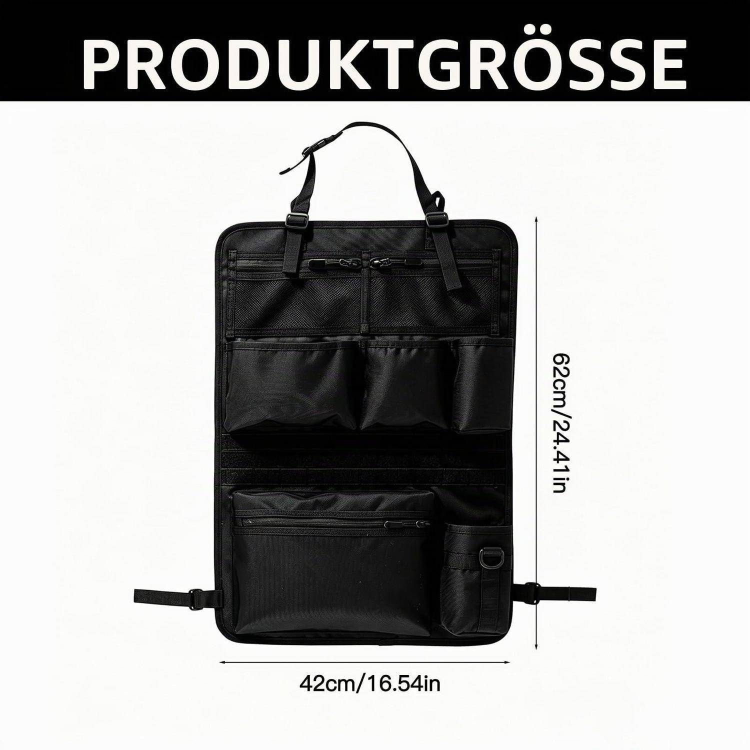 Produktgrößenabbildung einer schwarzen Hängeorganizer-Tasche mit der Bezeichnung „PRODUKTGRÖSSE