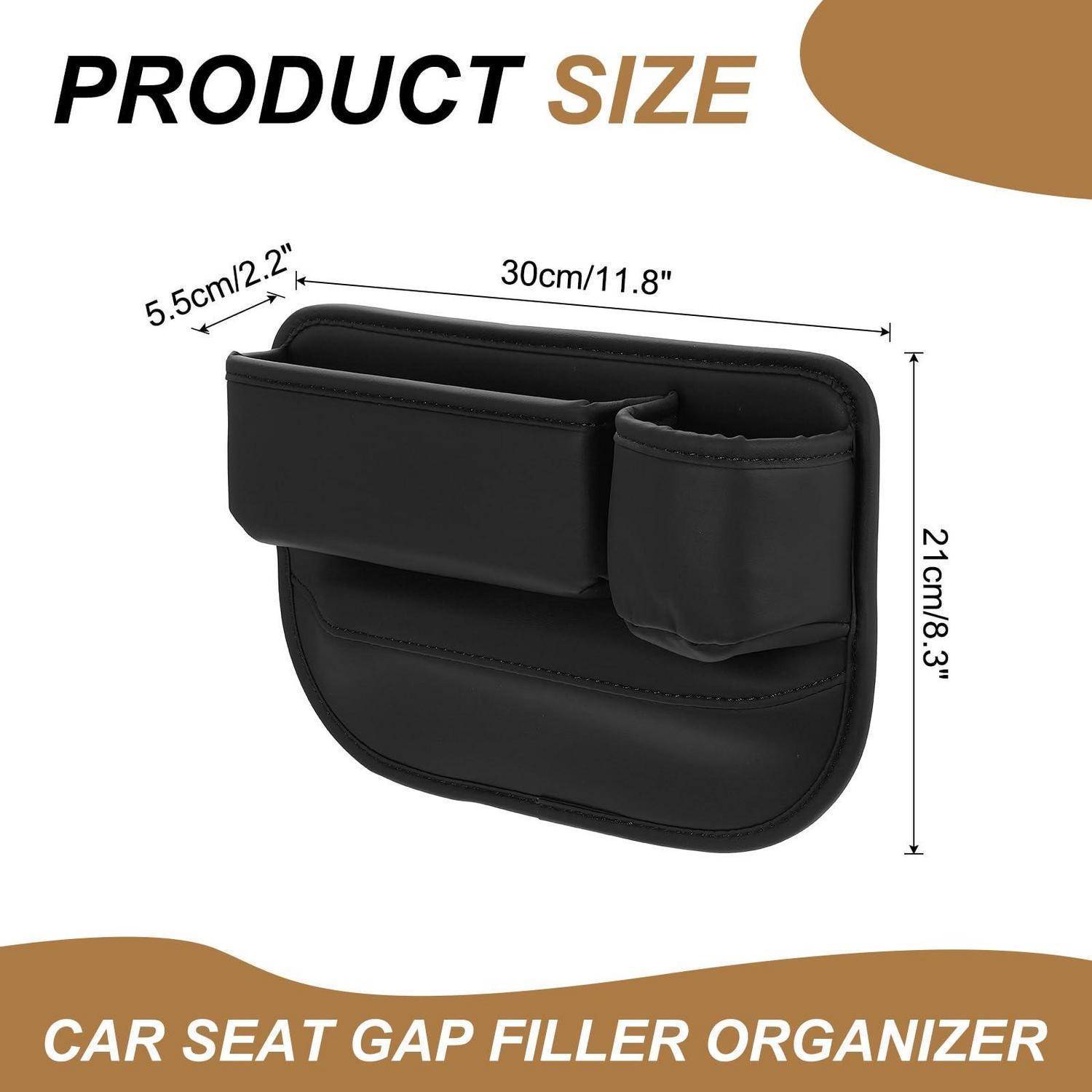 Produktgrößendiagramm eines Autositz-Lückenfüller-Organizers mit Abmessungen von 30 cm Breite, 21 cm Höhe und 5,5 cm Tiefe.