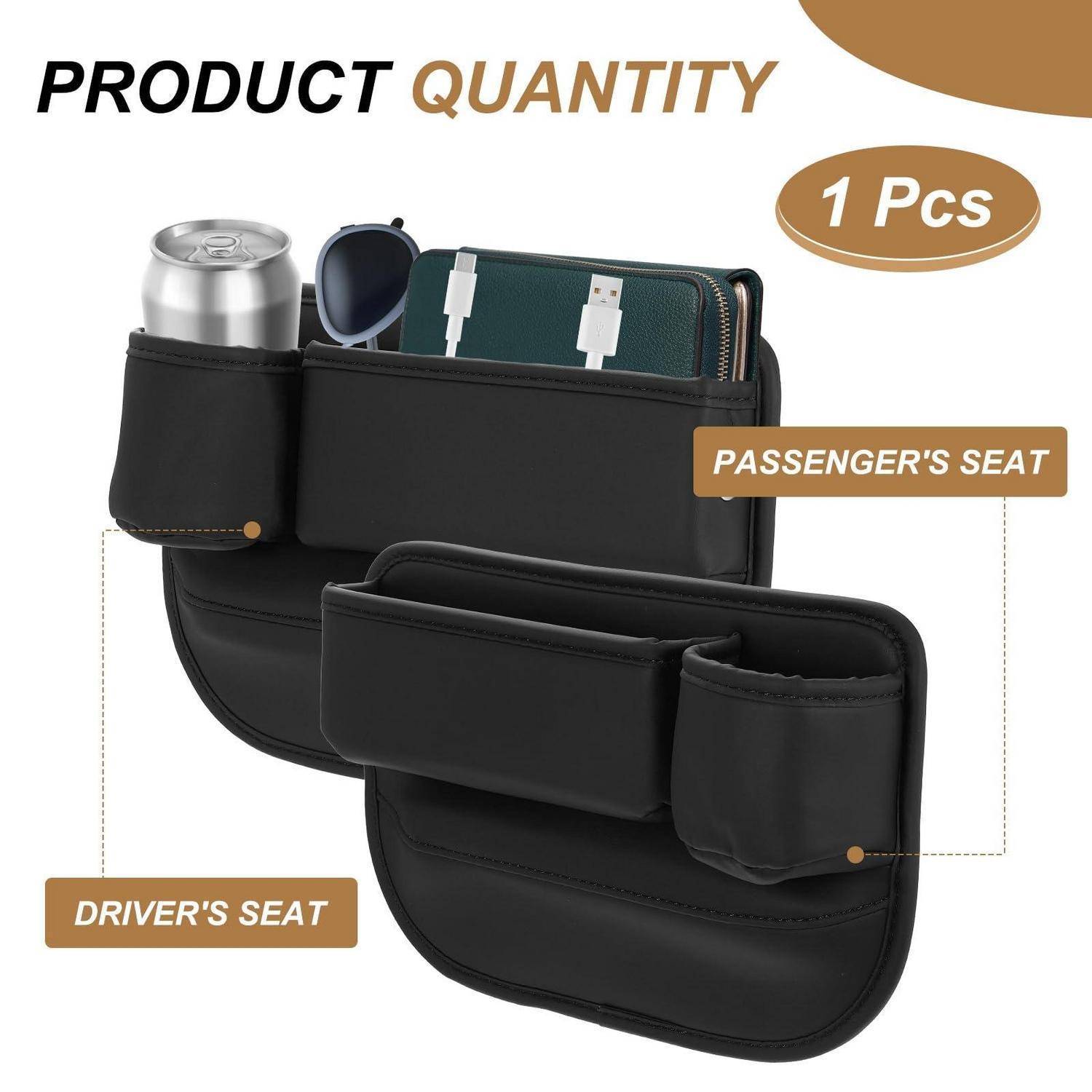 Produktmengengrafik zeigt 1 Stück: ein schwarzer Auto-Sitzorganizer mit Becherhalter und Aufbewahrungstaschen für Fahrersitz und Beifahrersitz.