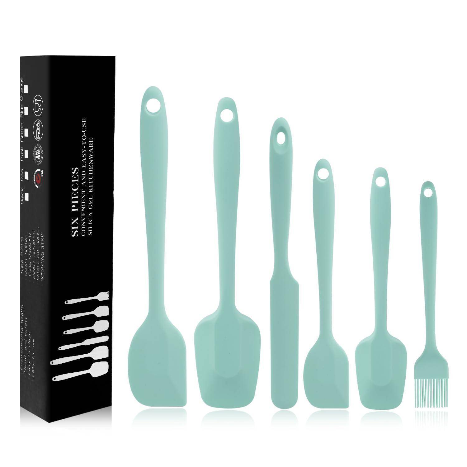 Sechsteiliges Silikon-Küchenutensilien-Set in Minzgrün mit schwarzer Box, gezeigt als Spatel, Löffel, Schaber und spulenähnliches Werkzeug.