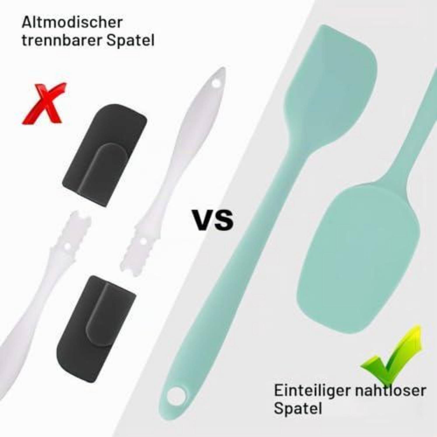 Vergleichsgrafik zeigt einen schlecht zusammengesetzen Kunststoffspatel mit rotem X markiert im Vergleich zu einem bevorzugten einteiligen nahtlosen Spatel mit grünem Häkchen markiert.