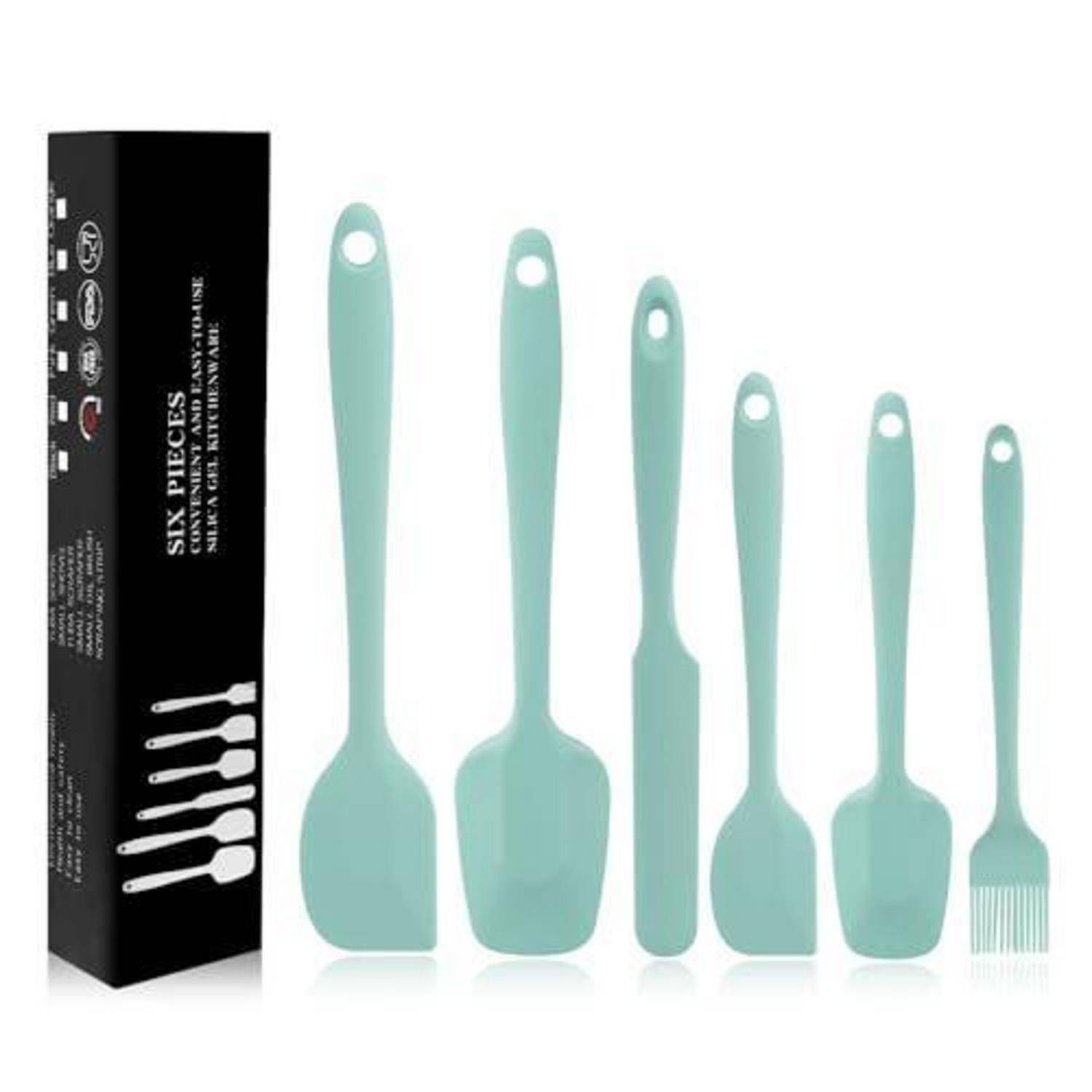 Sechsteiliges mintgrünes Silikon-Küchenutensilien-Set mit Verpackung, einschließlich Spachteln, Löffeln und einem Schneebesen-/Pinsel-Werkzeug.