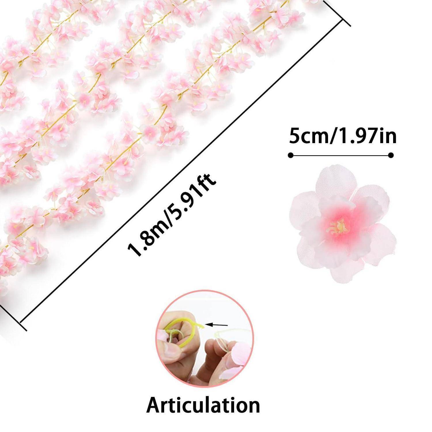 Produktbild einer rosa Kirschblüten-Girlande, mit einer Länge von 1,8 m / 5,91 ft gekennzeichnet, mit 5 cm / 1,97 Zoll großen Blüten und einer "Artikulation""-Nahaufnahme, die die flexible Stammanbringung zeigt.