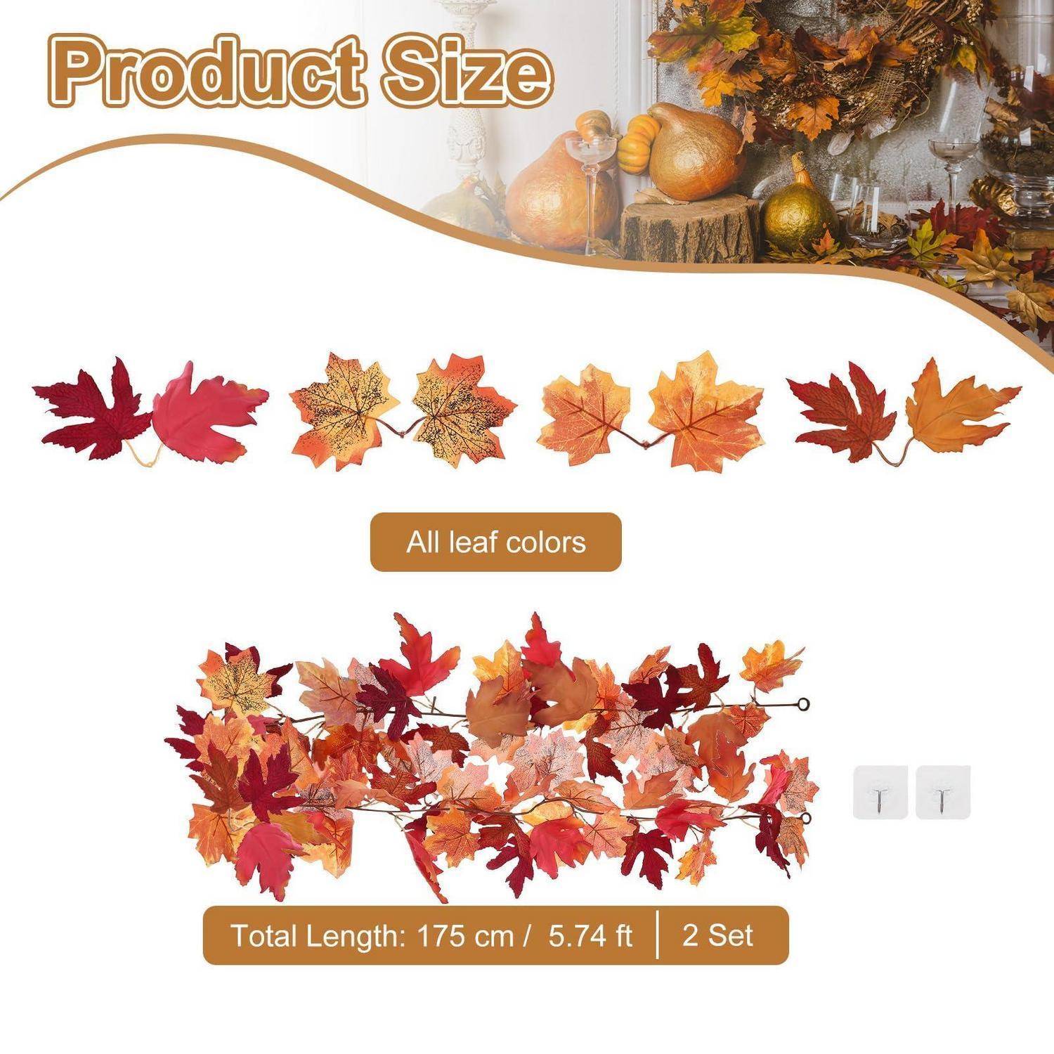 Produktgrößen-Grafik für künstliche Herbstlaub-Girlanden: zeigt sortierte Blattfarben und eine Girlande mit einer Gesamtlänge von 175 cm (5,74 ft), 2er-Set.