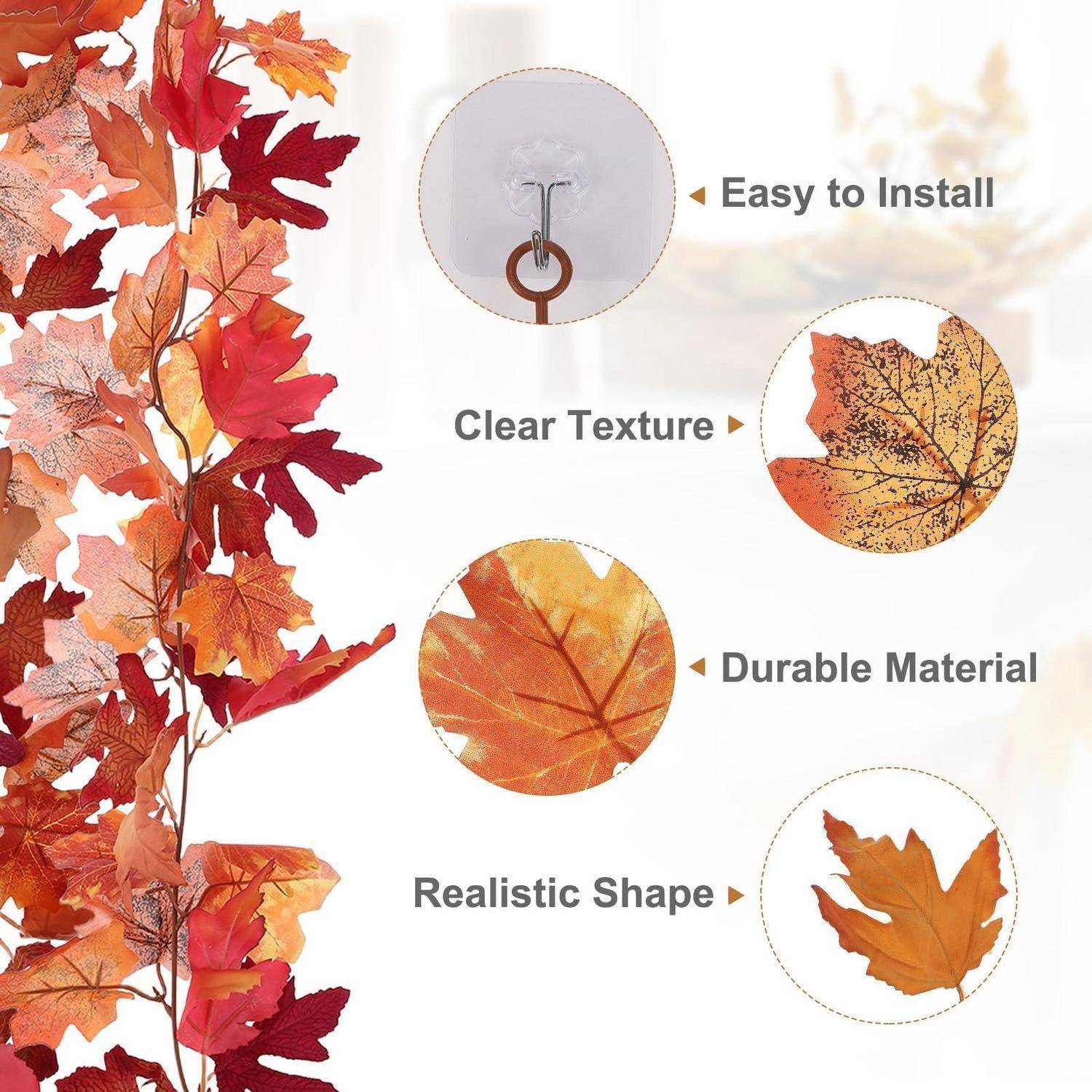 Künstliche Herbstblattgirlande mit Nahaufnahmen, die den einfach zu installierenden Haken, die klare Textur, das langlebige Material und die realistische Form hervorheben.
