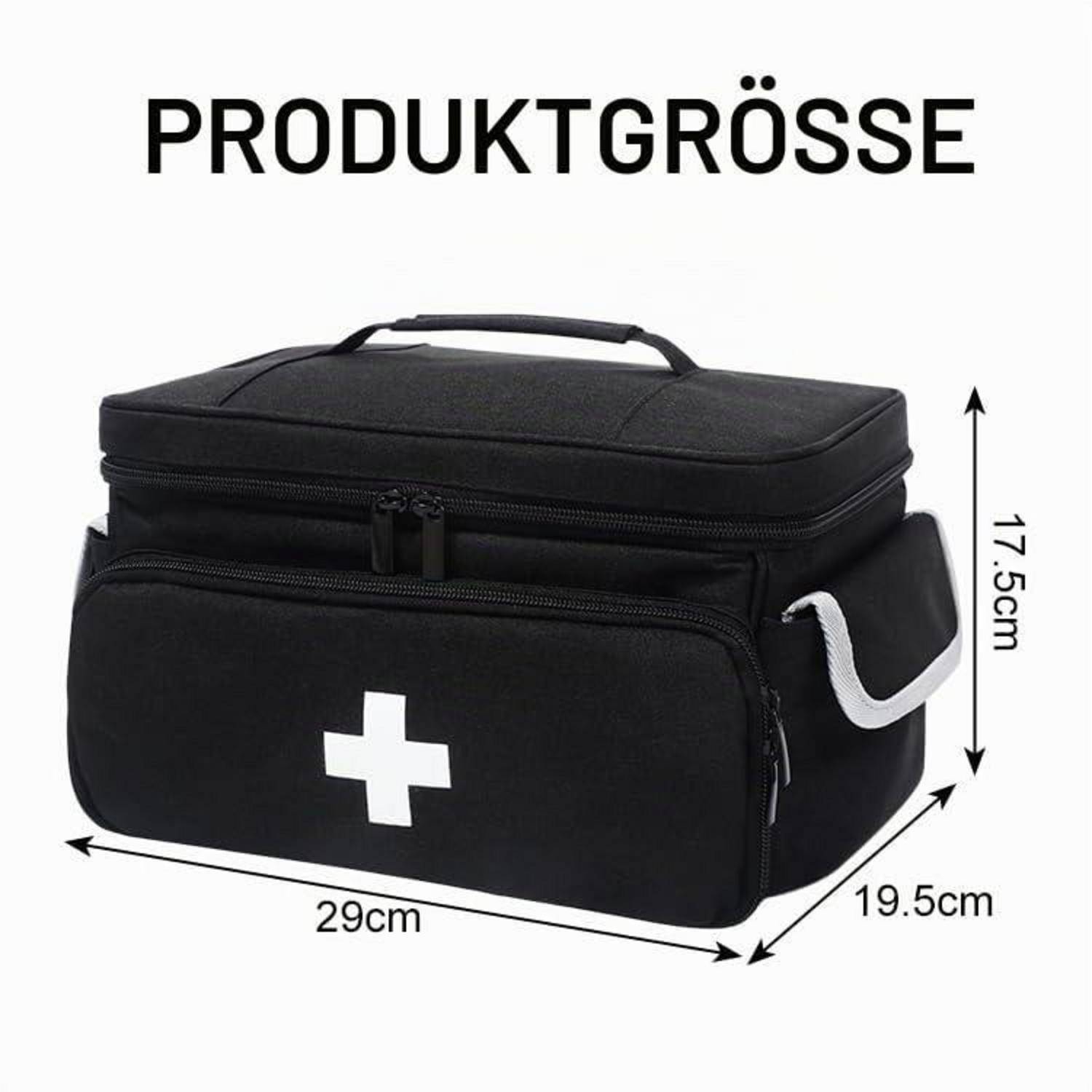 Schwarze medizinische Tasche im klassischen Stil mit der Aufschrift „PRODUKTGRÖSSE" und den Abmessungen 29 cm breit, 19,5 cm tief und 17,5 cm hoch.