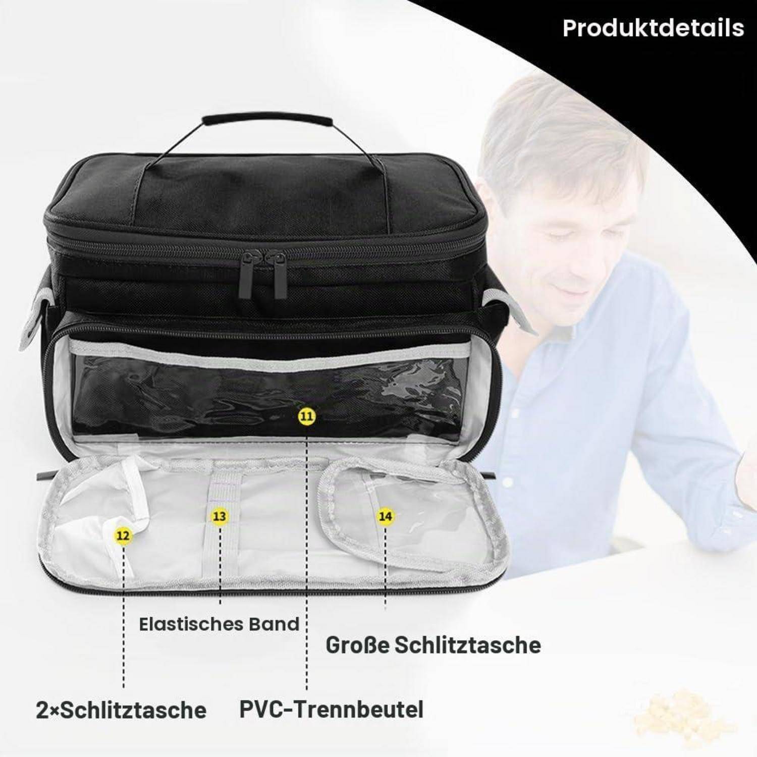 Schwarze Reisestasche mit Reißverschluss, offen dargestellt, mit mehreren Taschen und einem durchsichtigen PVC-Trennteiler; deutsche Beschriftungen weisen auf Gummiband, große Schlitztasche, 2 Schlitztaschen und PVC-Trennbeutel hin.