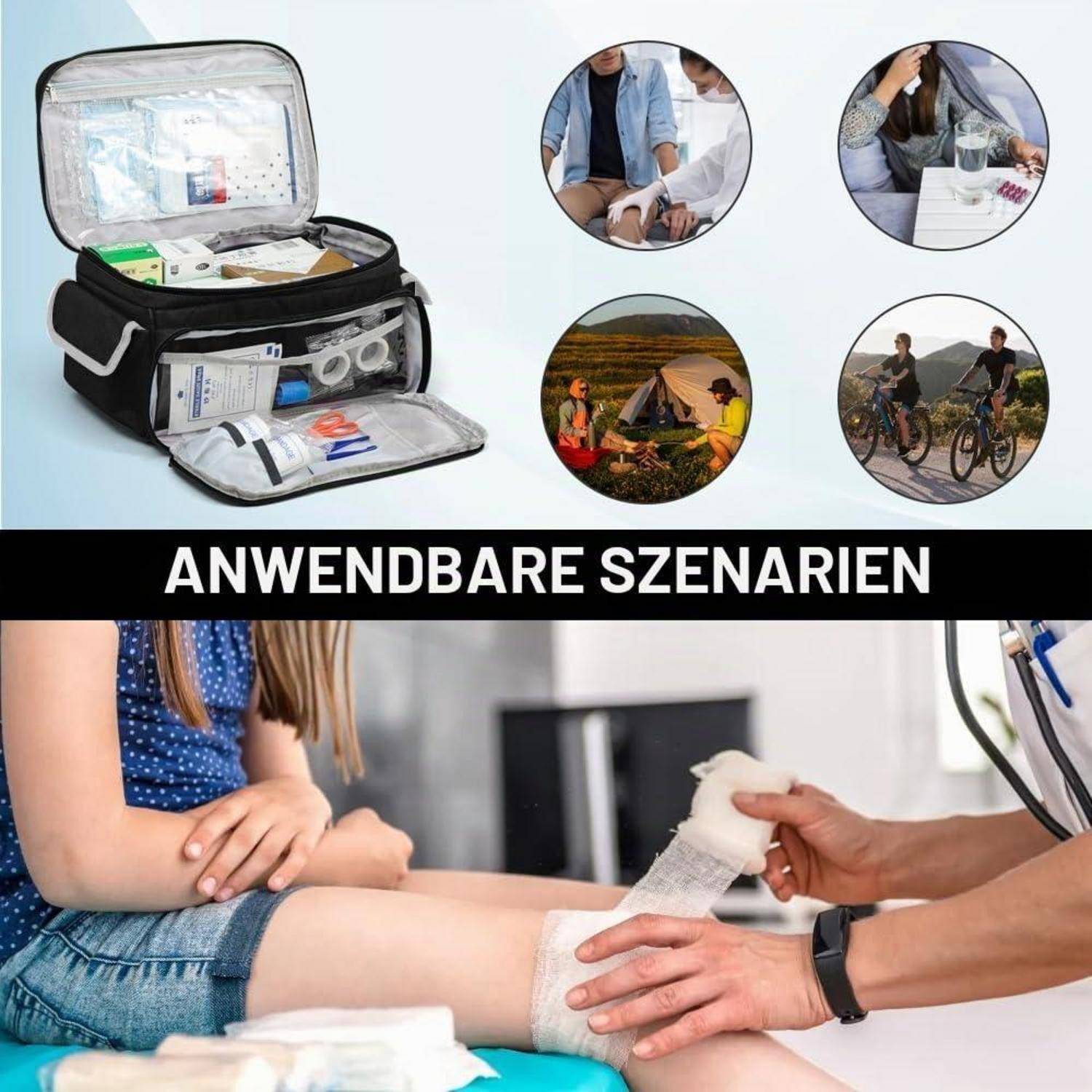 Erste-Hilfe-Kasten und Notfallverbandstoff in „ANWENDBARE SZENARIEN" Beispiel, mit Symbolen, die Haushaltscare, Camping im Freien und Radfahren darstellen.
