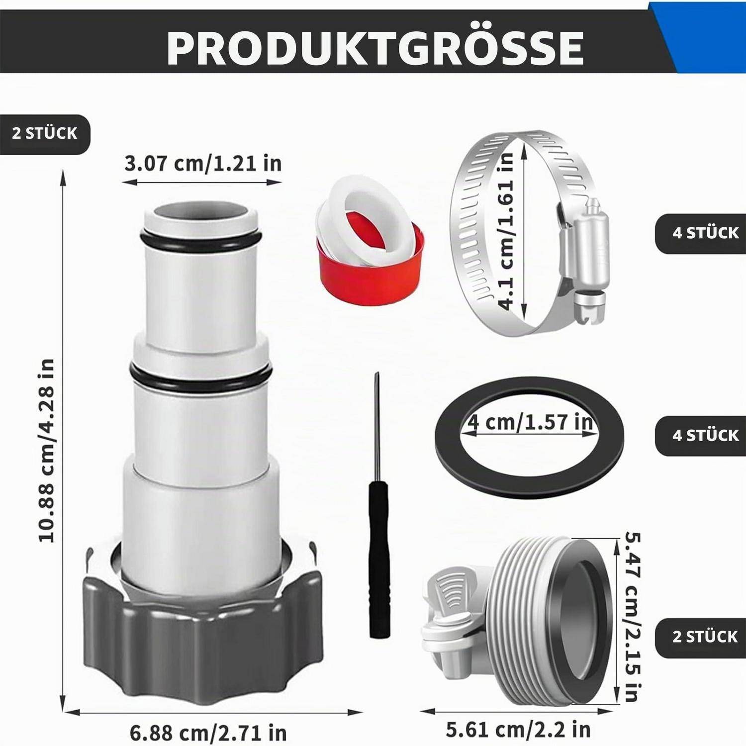 Produktgrößen-Infografik mit Teilen und Maßen: Hauptkomponente 10,88 cm hoch und 6,88 cm breit, mit beschrifteten Ringen und Klammern für 2 oder 4 Stücke, plus Durchmesser von 3,07 cm bis 5,47 cm.