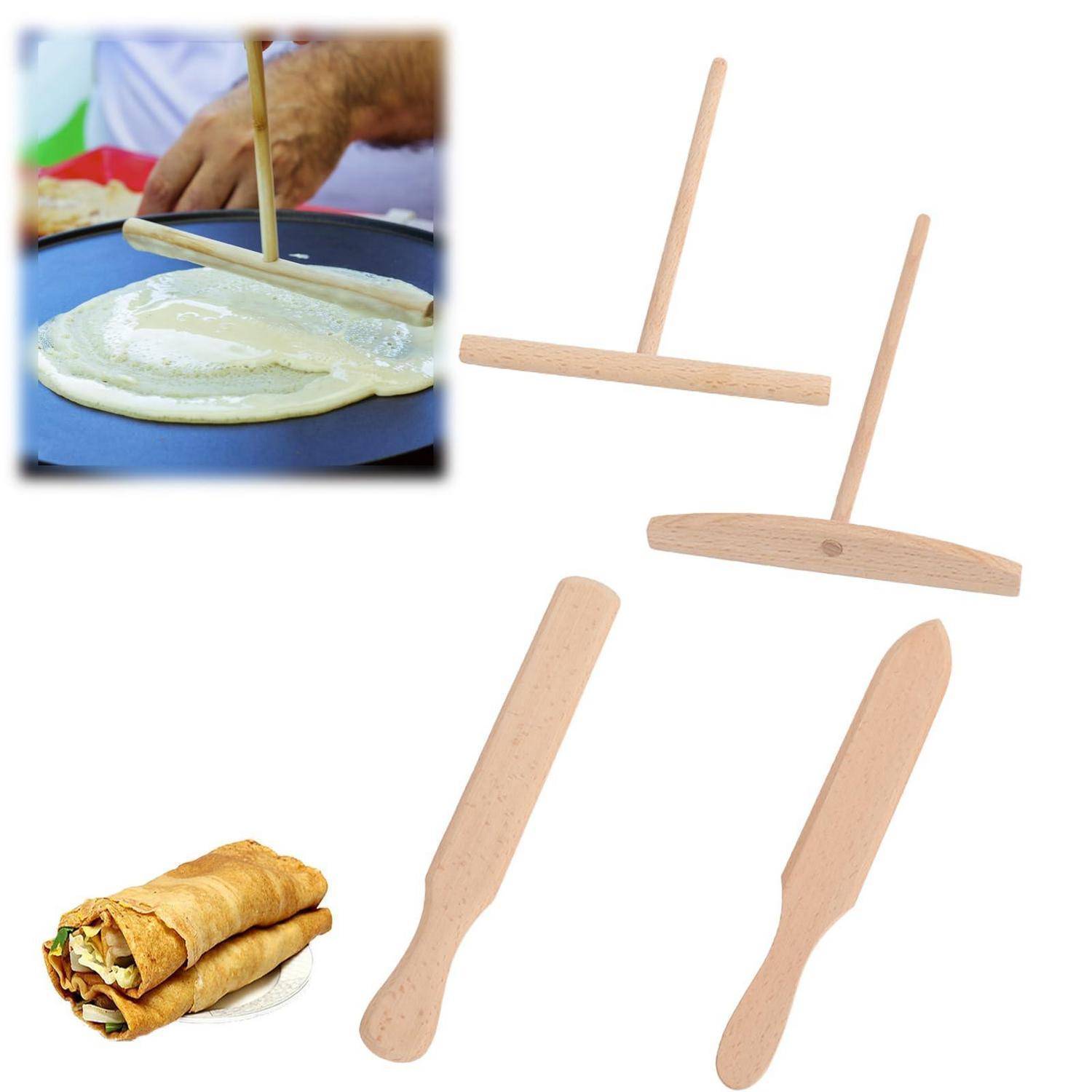 Holzspatel für Crêpes und Wendewerkzeuge, gezeigt mit einer Nahaufnahme einer Hand, die Teig auf einer Kochplatte ausstreicht, und einem fertig gerollten Crêpe.