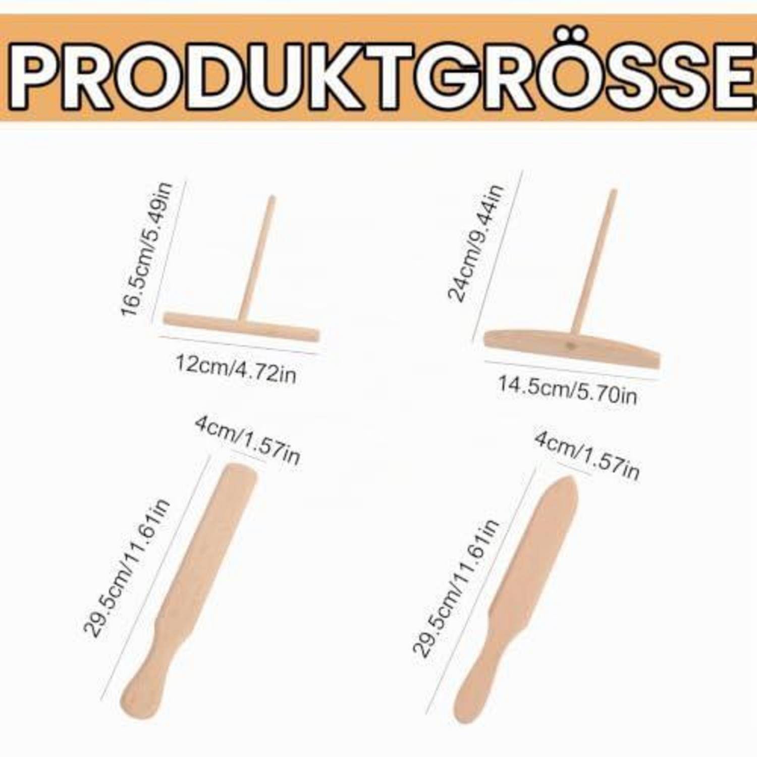 Größendiagramm des Produkts zeigt ein Holzutensil oder Werkzeug in zwei Größen mit Maßen in cm und Zoll angegeben: Standhöhe 16,5 cm/24 cm, Basisbreite 12 cm/14,5 cm, Grifflänge 29,5 cm.