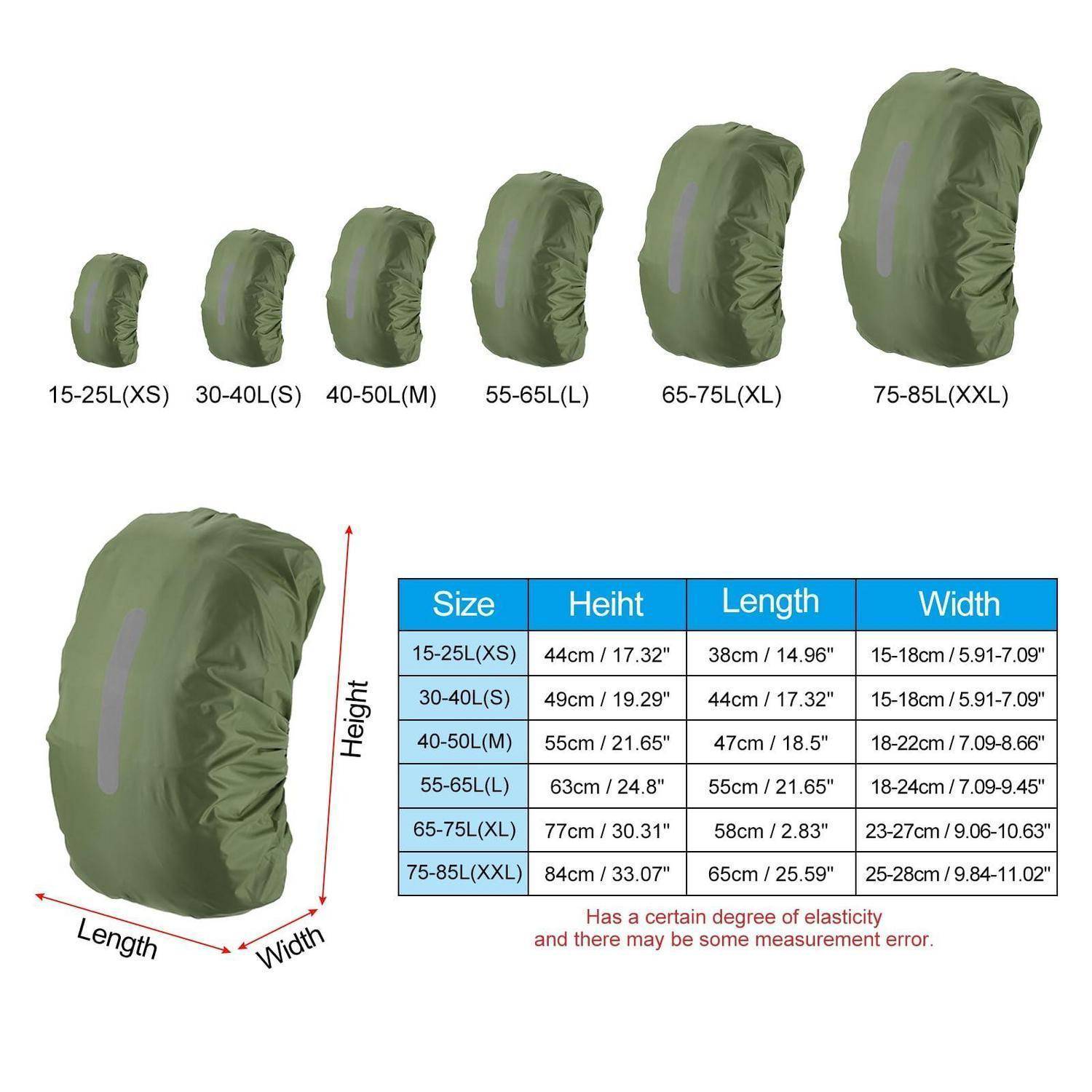 Größentabelle für grüne Rucksack-Regenschutzhüllen, die für 15-25L bis 75-85L Rucksäcke passen, mit Höhe, Länge und Breite Messungen.