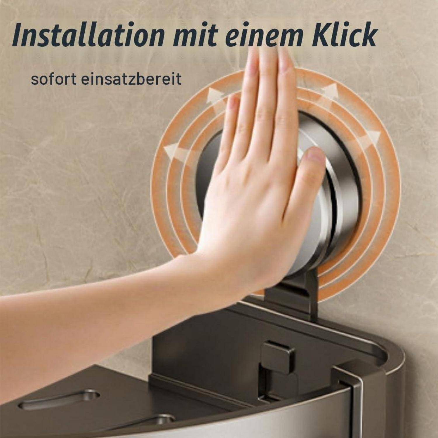 Hand drückt auf ein kreisförmiges, an der Wand montiertes Gerät mit dem Text „Installation mit einem Klick" und „sofort einsatzbereit"", was eine schnelle, einsatzbereite Installation suggeriert.