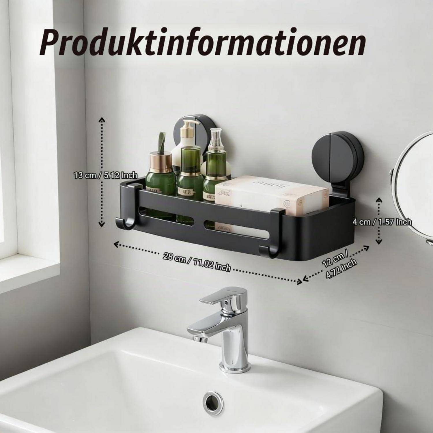An der Wand montiertes schwarzes Badezimmerregal über einem Waschbecken, das Toilettenartikel und Seife hält, mit gekennzeichneten Produktabmessungen von 28 cm Breite, 13 cm Höhe und 12 cm Tiefe.