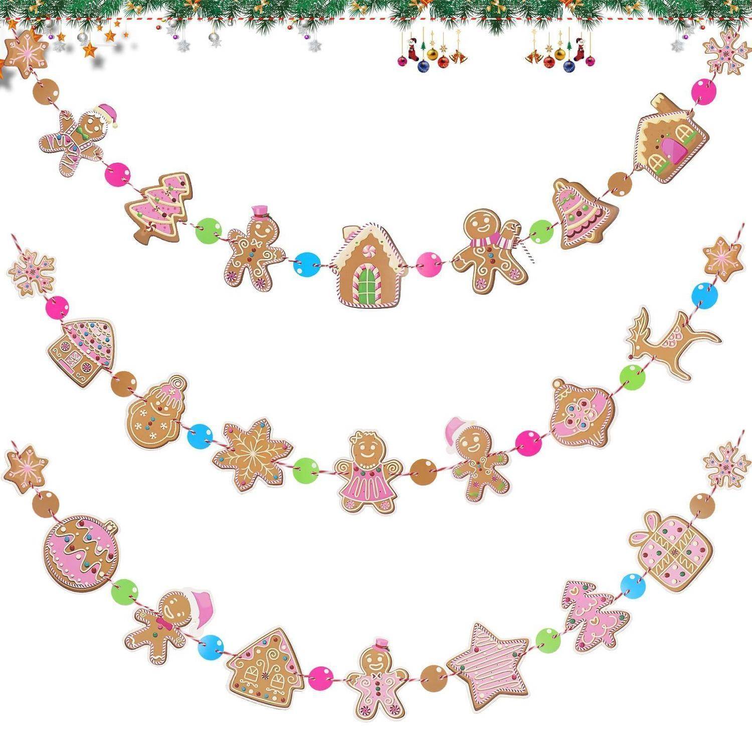 Festliche Girlande aus Weihnachtsplätzchen und bunten Perlenschnüren, mit Lebkuchenmännchen, Häusern, Bäumen, Sternen, Ornamenten und Bonbonformen auf weißem Hintergrund.