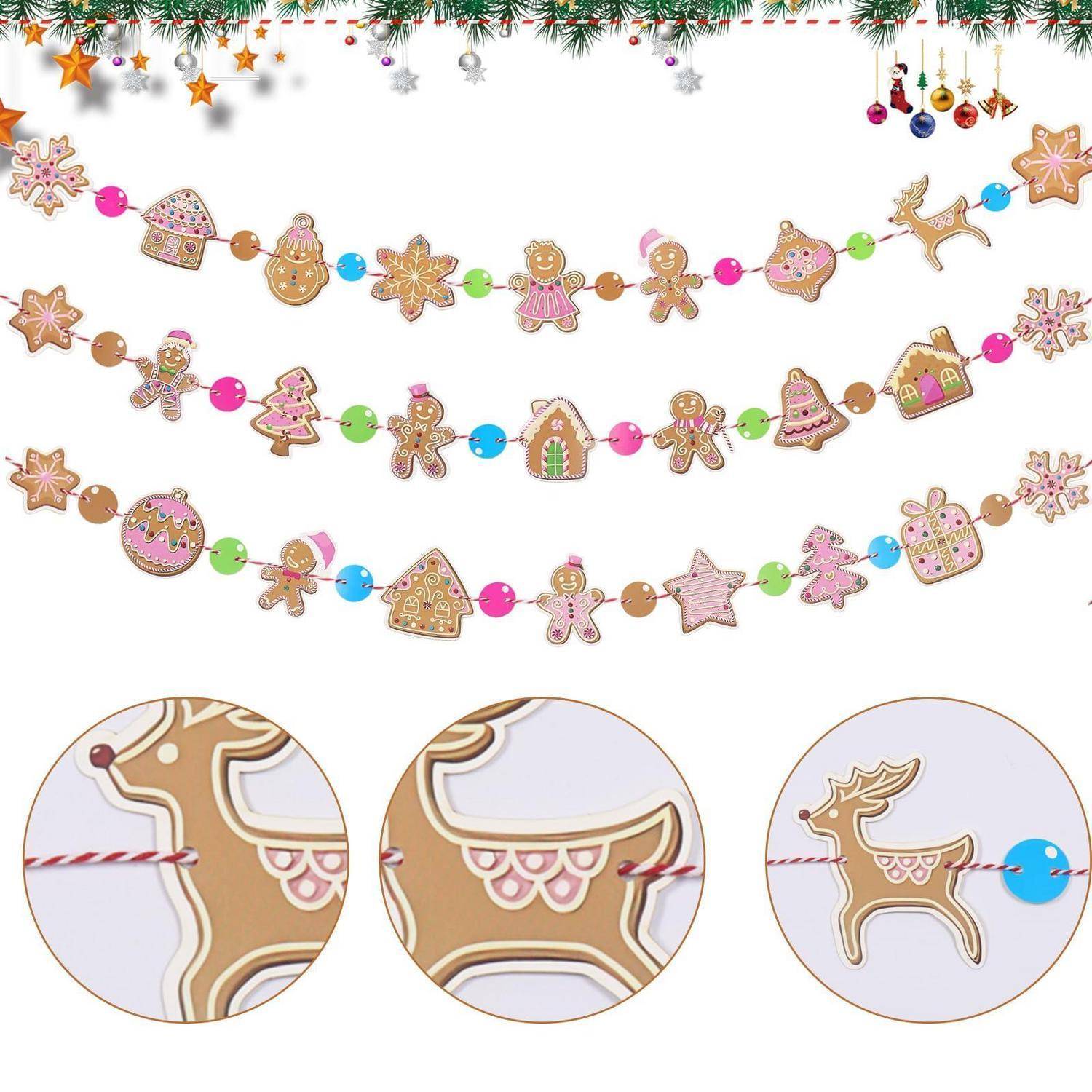 Weihnachtlich inspirierte Girlanden aus verziertem Lebkuchen und bunten Perlen, mit detaillierten Kreisen, die mit Schnur aufgereiht Kekse zeigen.