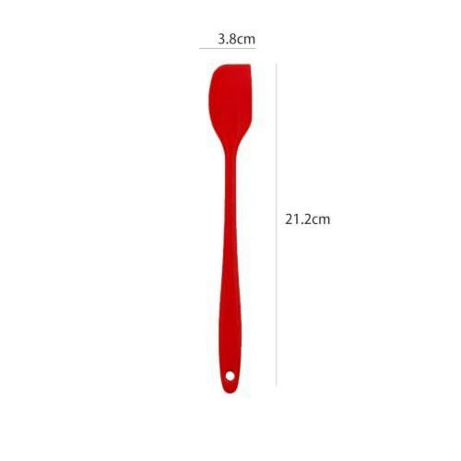 Roter Silikonspatel vertikal auf weißem Hintergrund gezeigt, mit einer Länge von 21,2 cm und einer Breite von 3,8 cm gekennzeichnet.